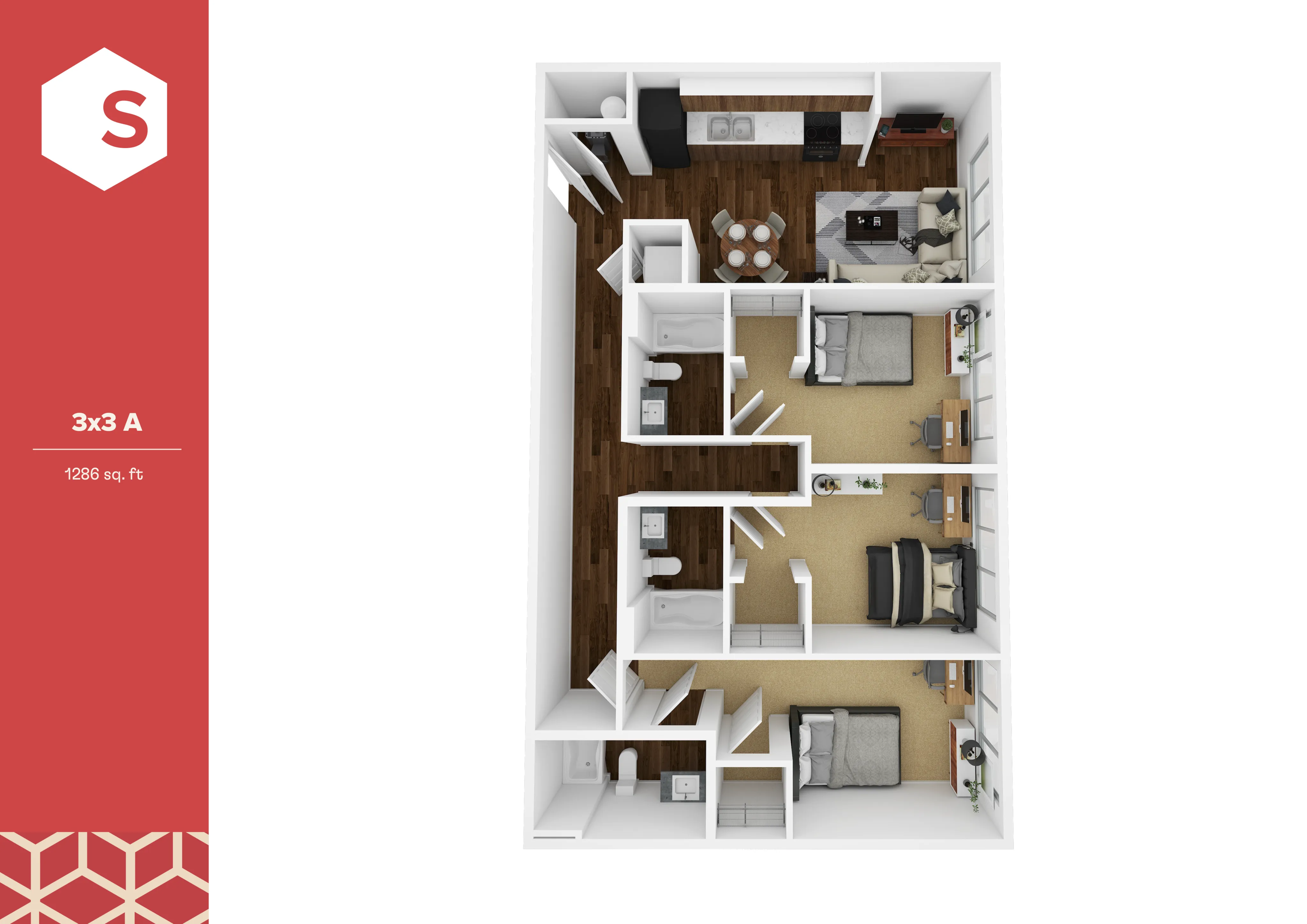 Modern 3D floor plan of a 3x3 apartment, showcasing three cozy bedrooms, an open kitchen, and inviting living area, totaling 1286 sq ft.