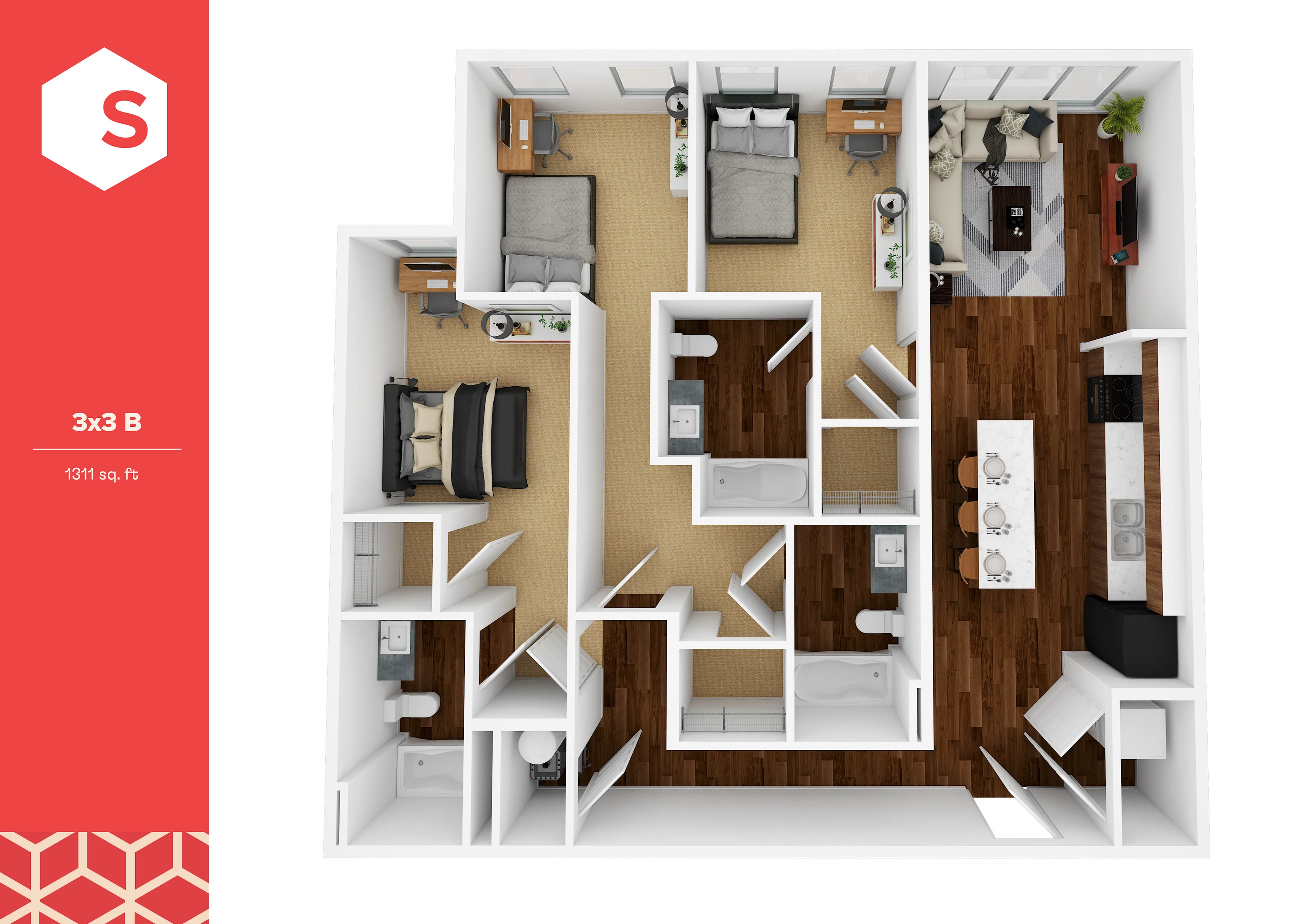 Modern 3D floor plan showcasing a 3 bedroom, 3 bathroom layout with a spacious open living area and sleek kitchen, spanning 1311 sq. ft.