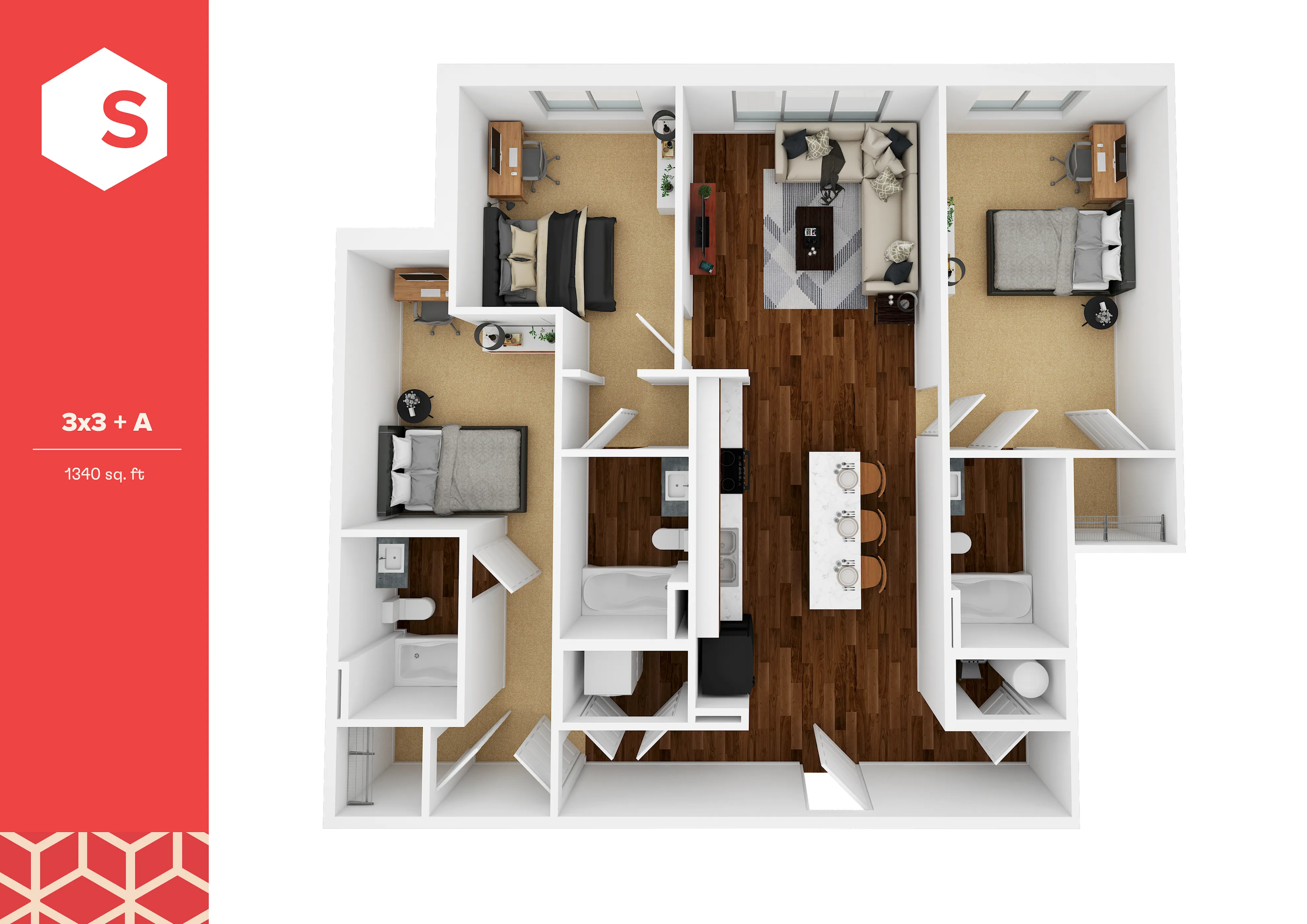 Modern 3x3 + A floor plan featuring three bedrooms, elegant hardwood floors, spacious living area, and a sleek kitchen, covering 1340 sq ft.
