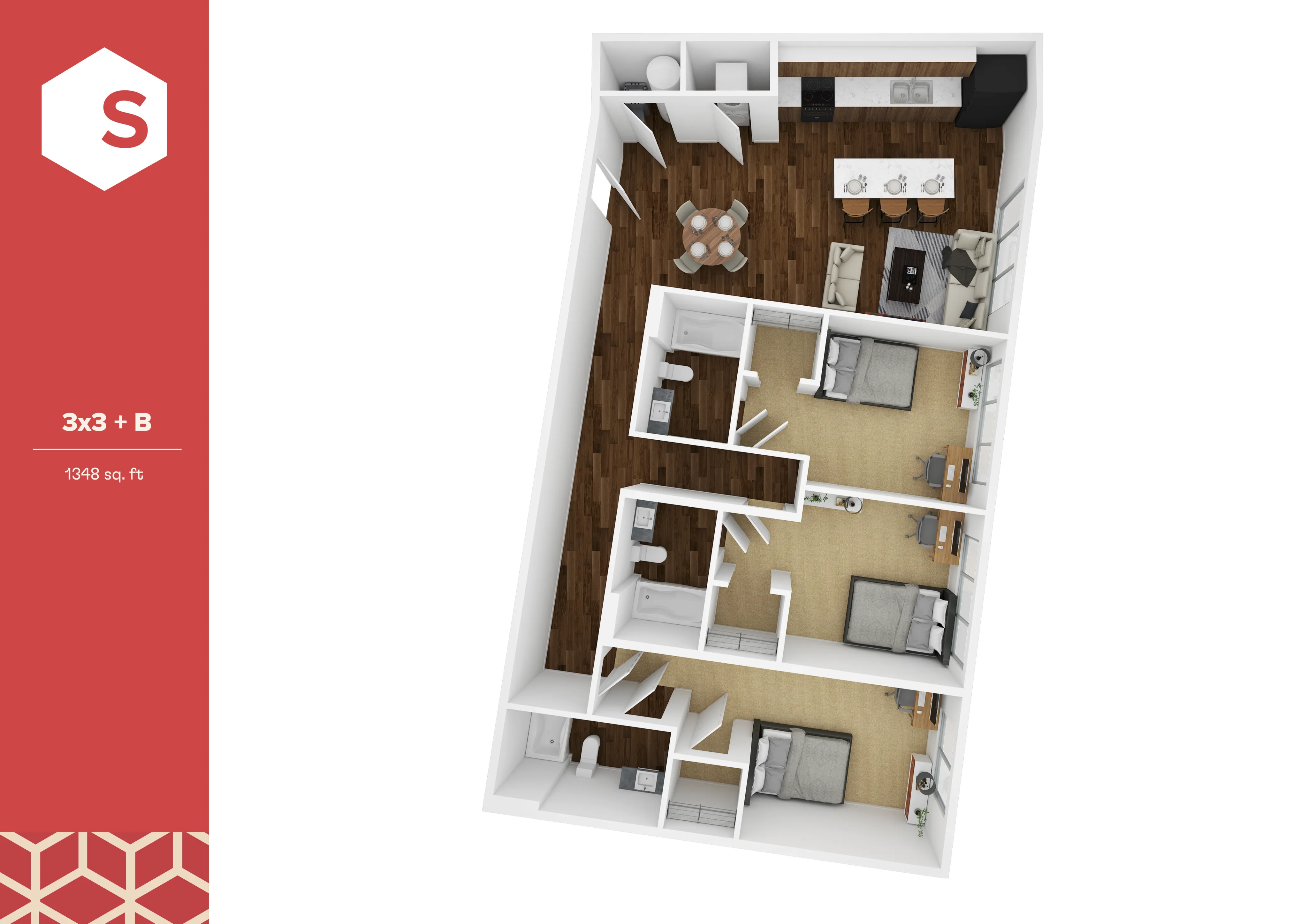 Modern 3D floor plan showcasing a spacious 3-bedroom, 3-bathroom layout with an open dining area and sleek kitchen in 1348 sq ft.