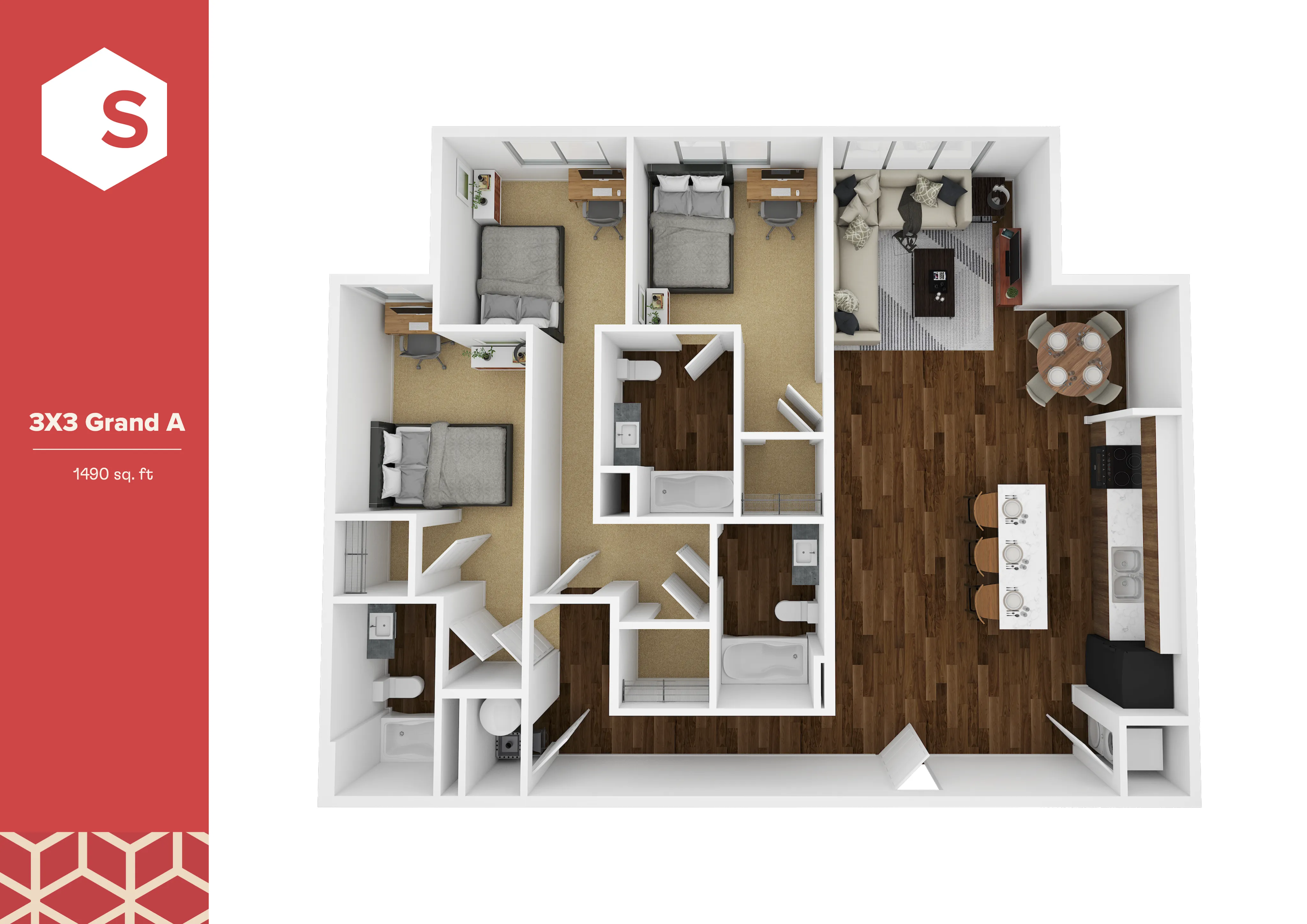 Contemporary 3D floor plan of the 3X3 Grand A model with three bedrooms, open-concept living area, modern kitchen with island, and 1490 sq ft of stylish living space.