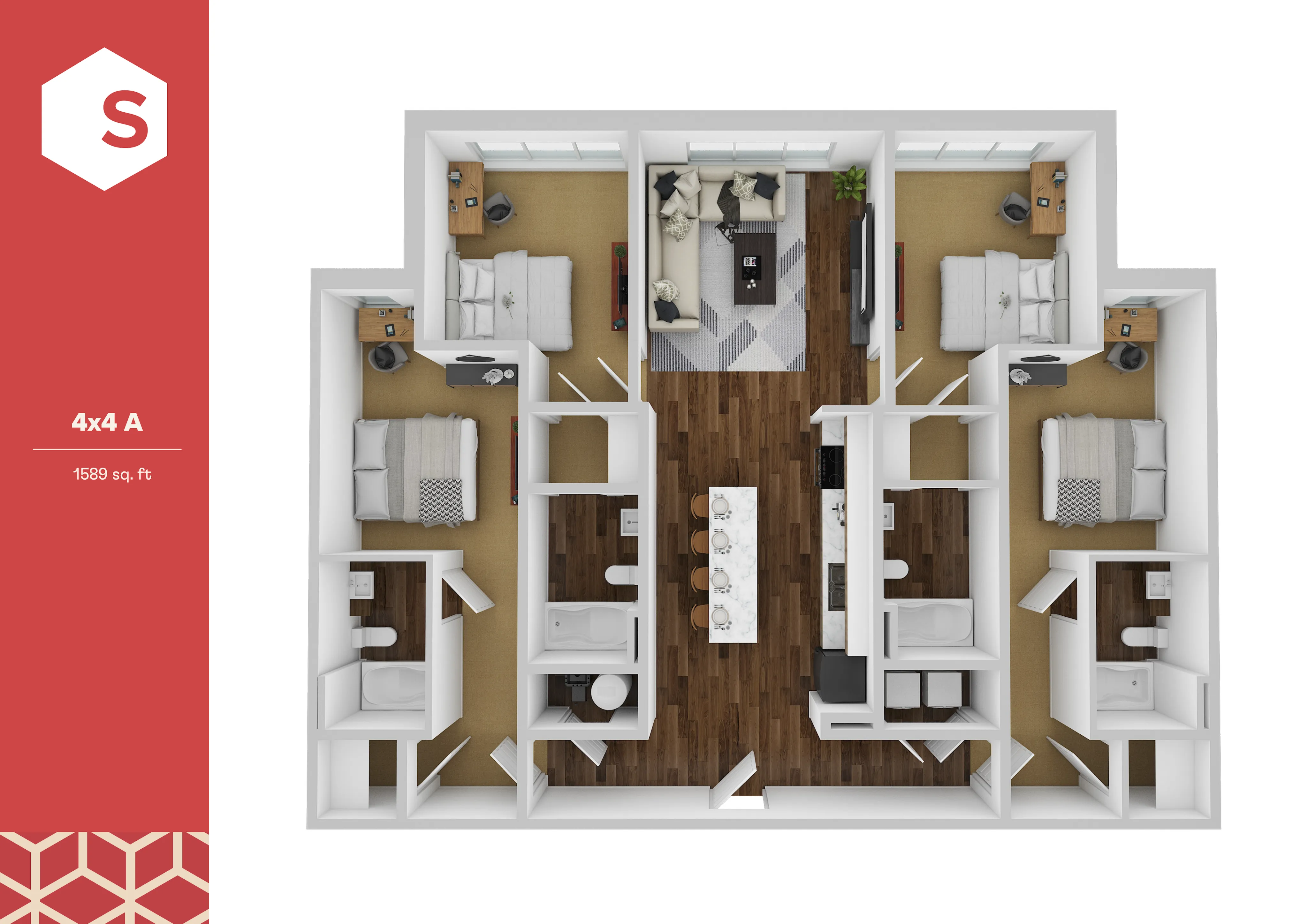 Chic 4x4 apartment floor plan featuring four cozy bedrooms, modern open-concept living area, and spacious kitchen, covering 1589 sq. ft.