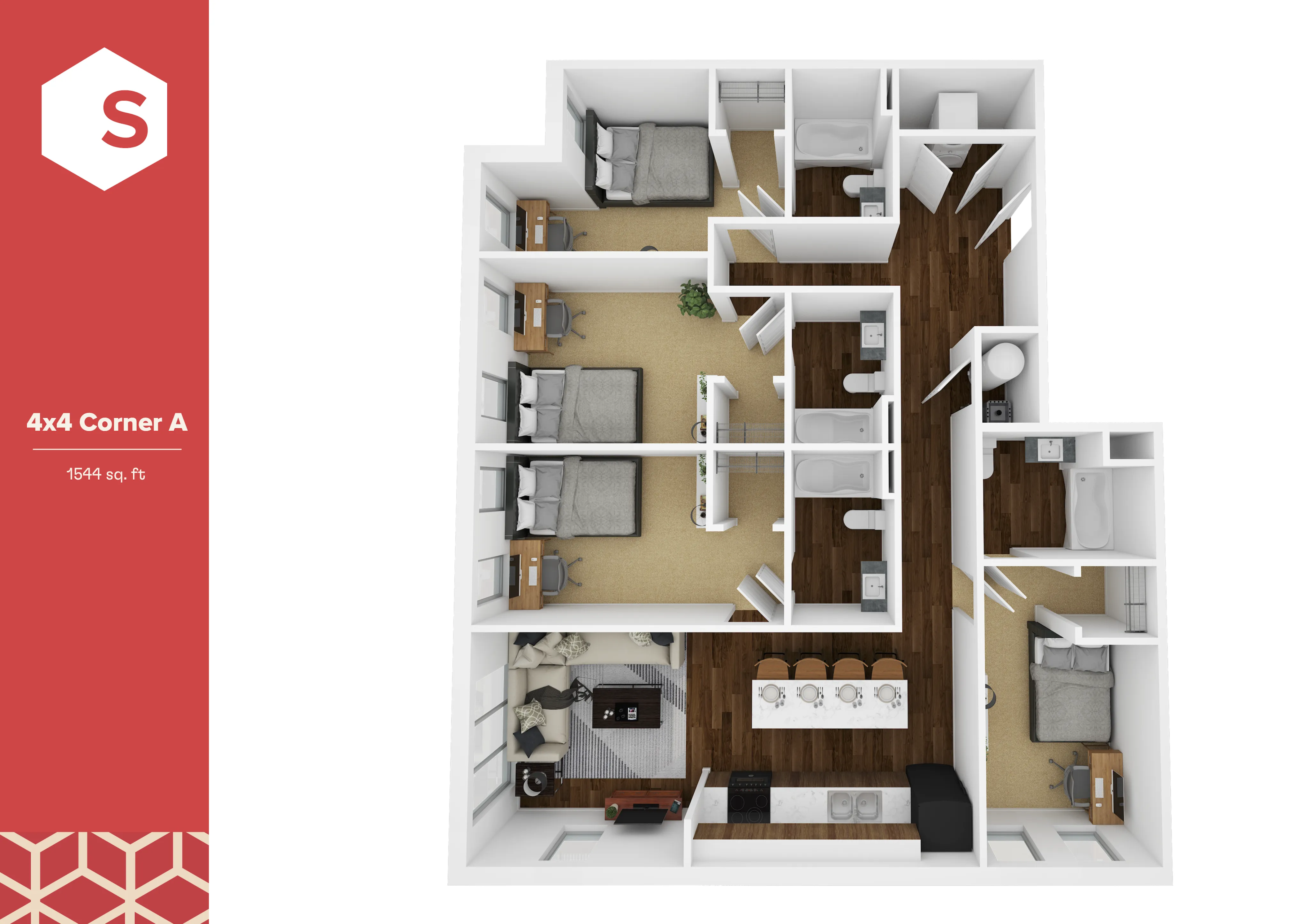 Modern 4x4 corner apartment floor plan with 1544 sq ft, featuring four bedrooms, open living space, and sleek kitchen design.