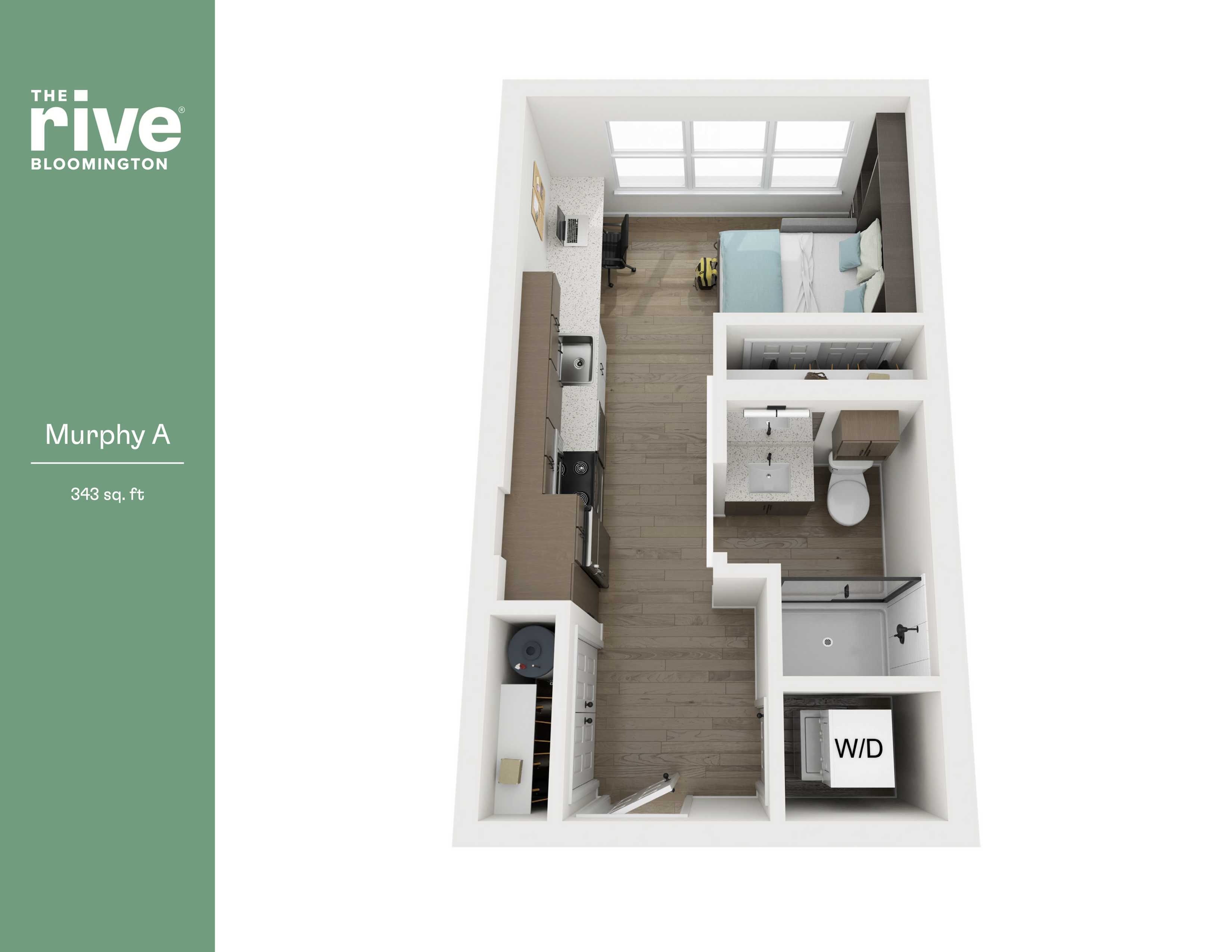 Contemporary 3D floor plan of Murphy A at The Rive Bloomington, featuring an open layout with a compact kitchen, cozy sleeping area, and modern bathroom in 343 sq ft.