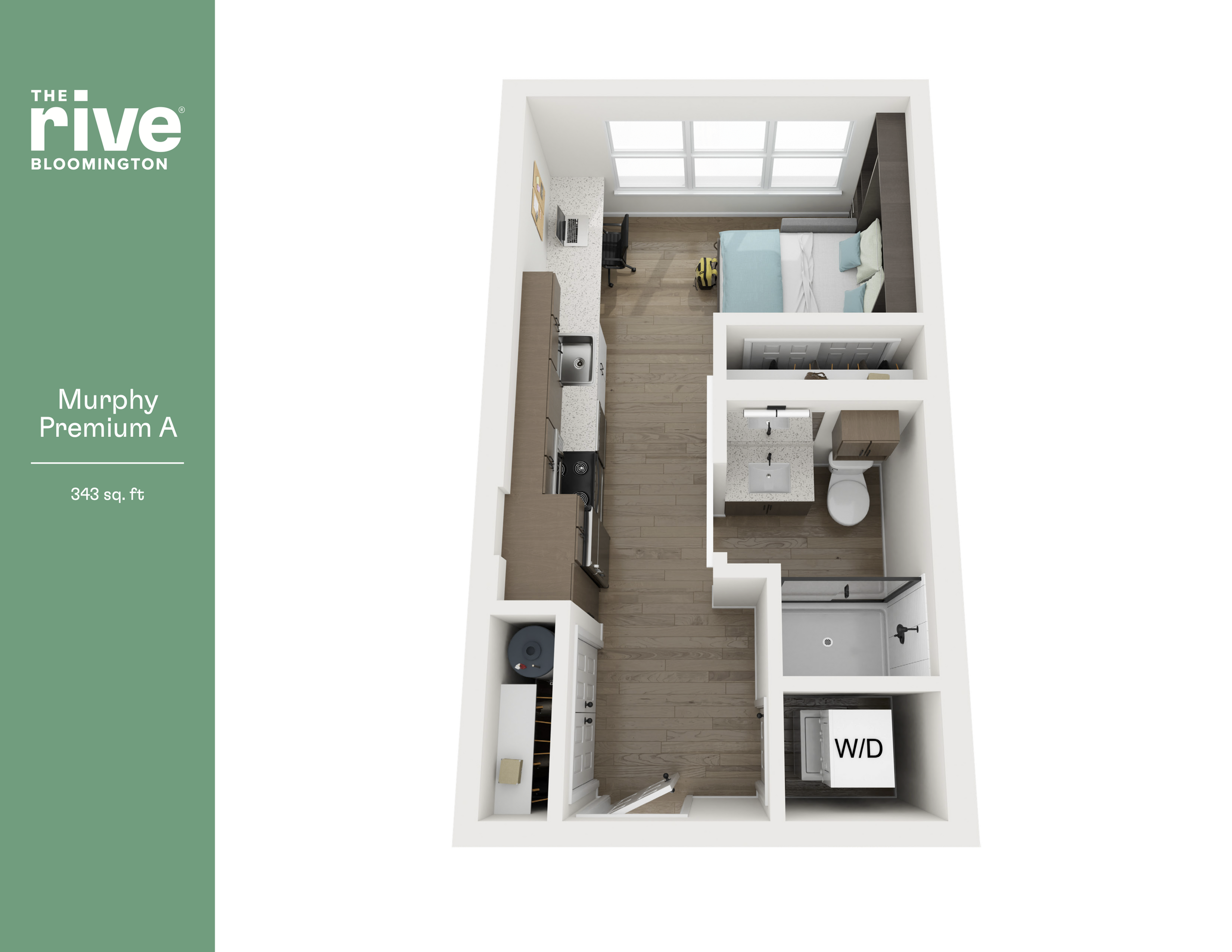 Modern 3D floor plan of the Murphy Premium A studio, featuring a cozy living area with a bed, kitchen, and bathroom, spanning 343 sq. ft. in The Rive, Bloomington.