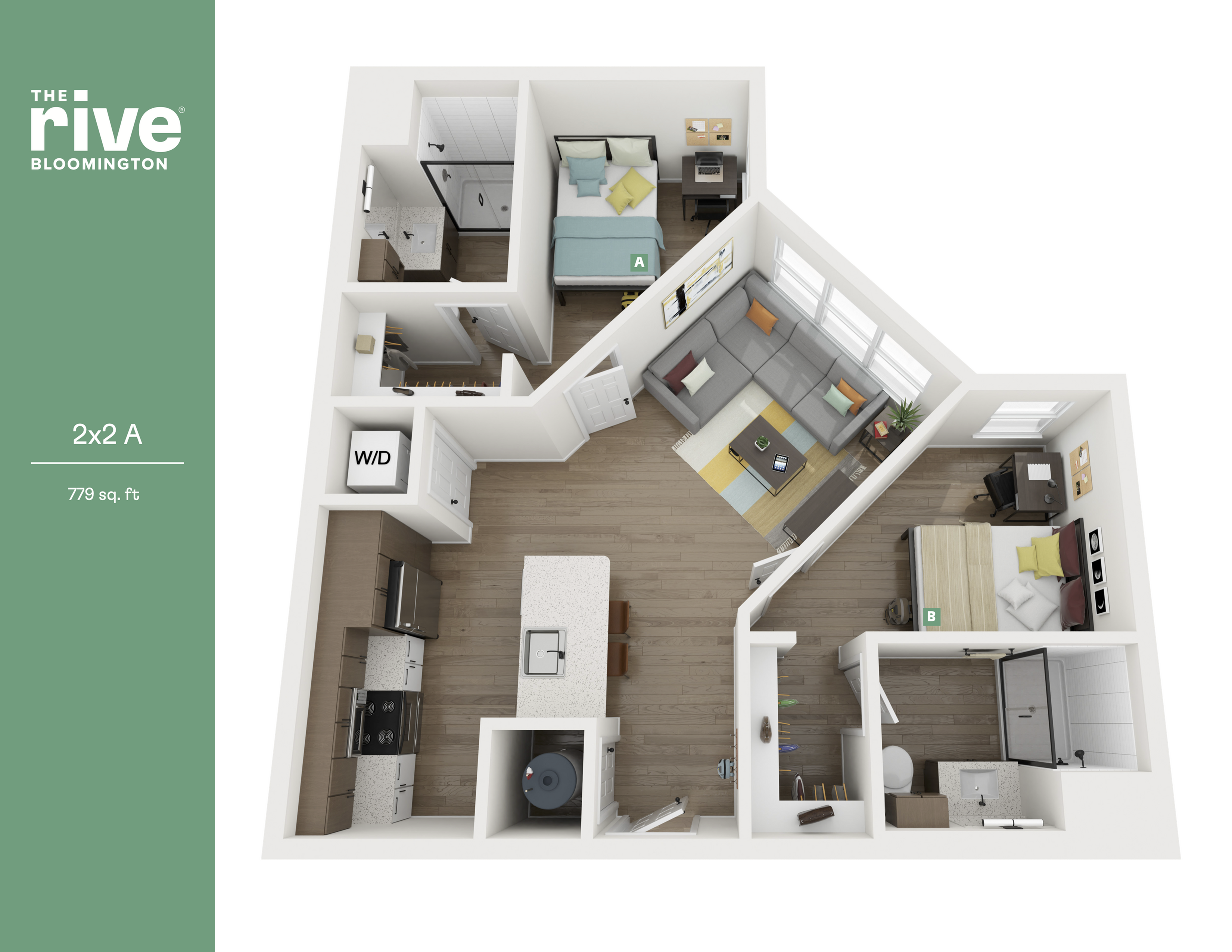Modern 3D floor plan of 'The Rive Bloomington' showcasing a cozy two-bedroom apartment with an open-concept living and dining area, sleek kitchen, and stylish decor, spanning 779 sq ft.
