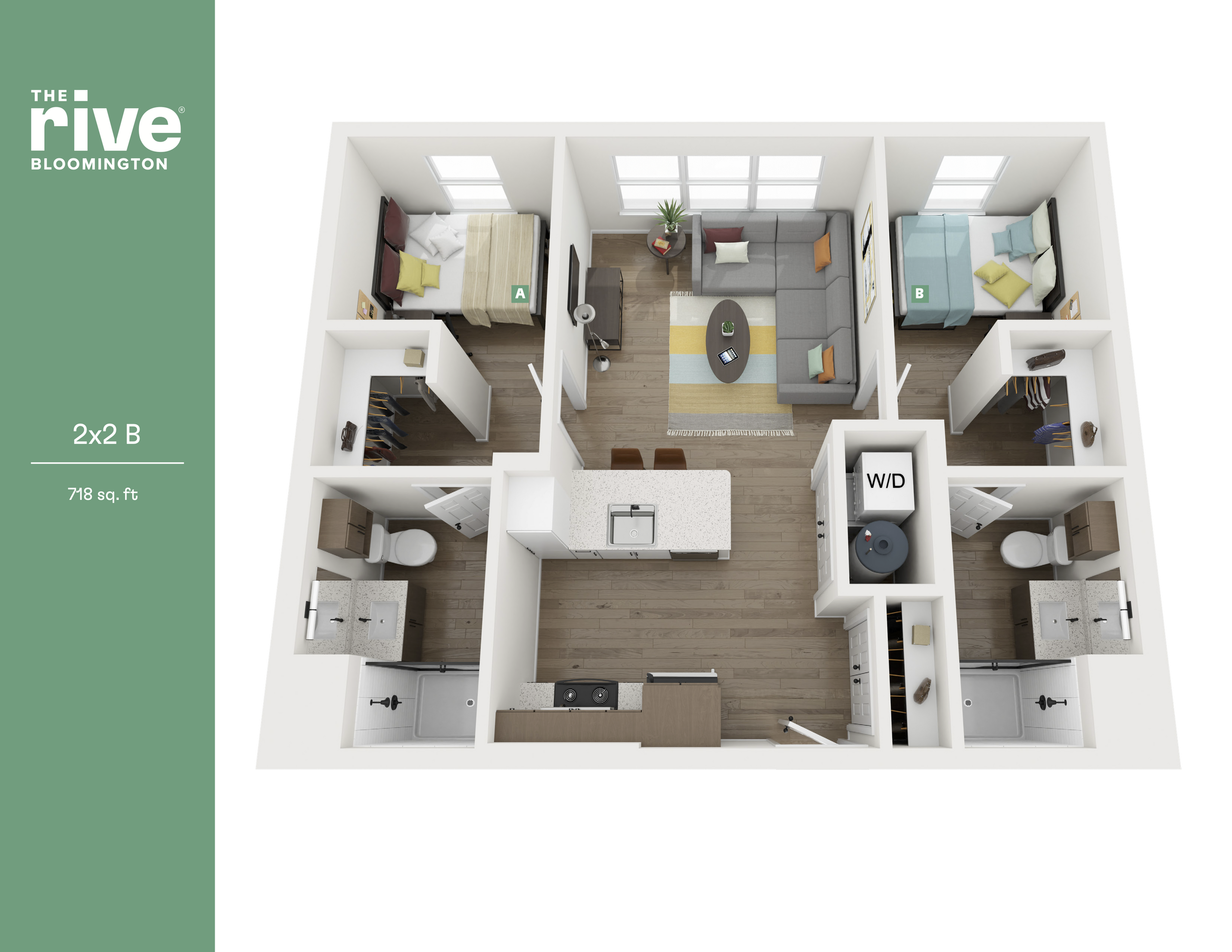 Modern 3D floor plan of The Rive Bloomington featuring 2 bedrooms, cozy living area, sleek kitchen, and in-unit washer/dryer, 718 sq ft.