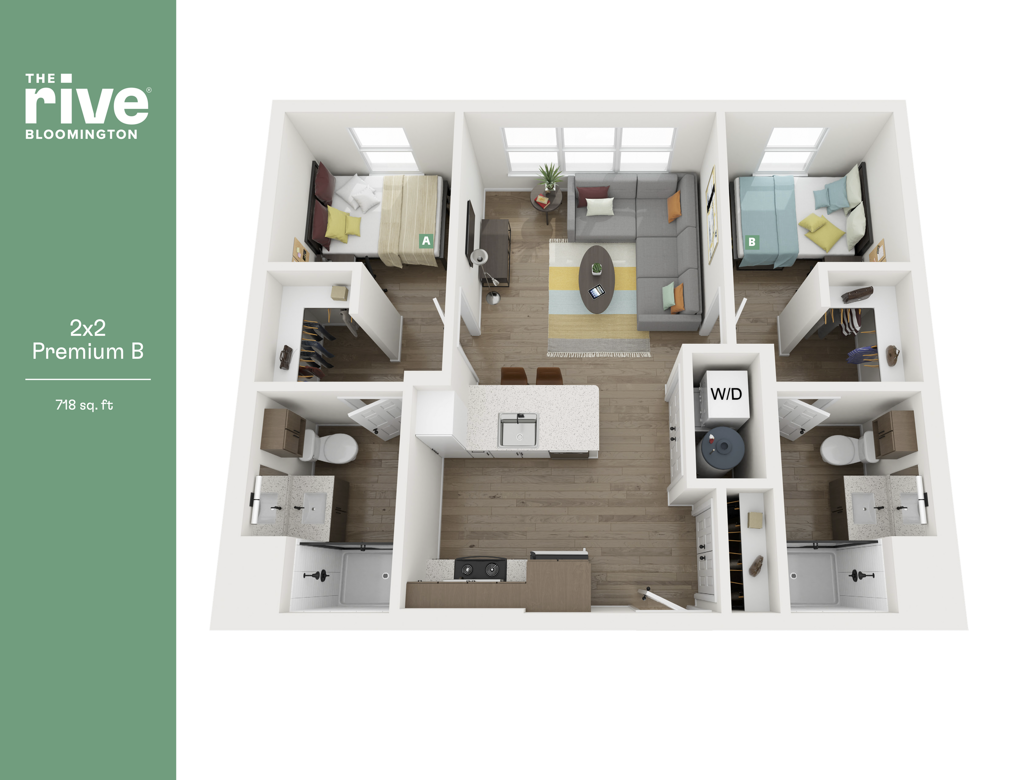 Modern 3D floor plan of a 2-bedroom apartment at The Rive Bloomington. Features open living area, stylish kitchen with island, and two bathrooms, 718 sq. ft.