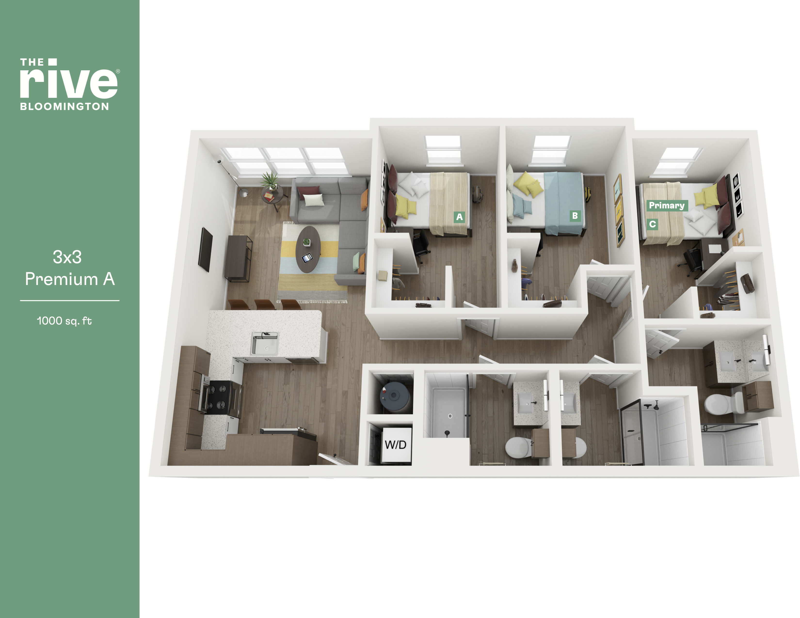 Modern 3D floor plan of The Rive Bloomington featuring 3 bedrooms, 3 bathrooms, a spacious kitchen, and a cozy living area, covering 1000 sq. ft.