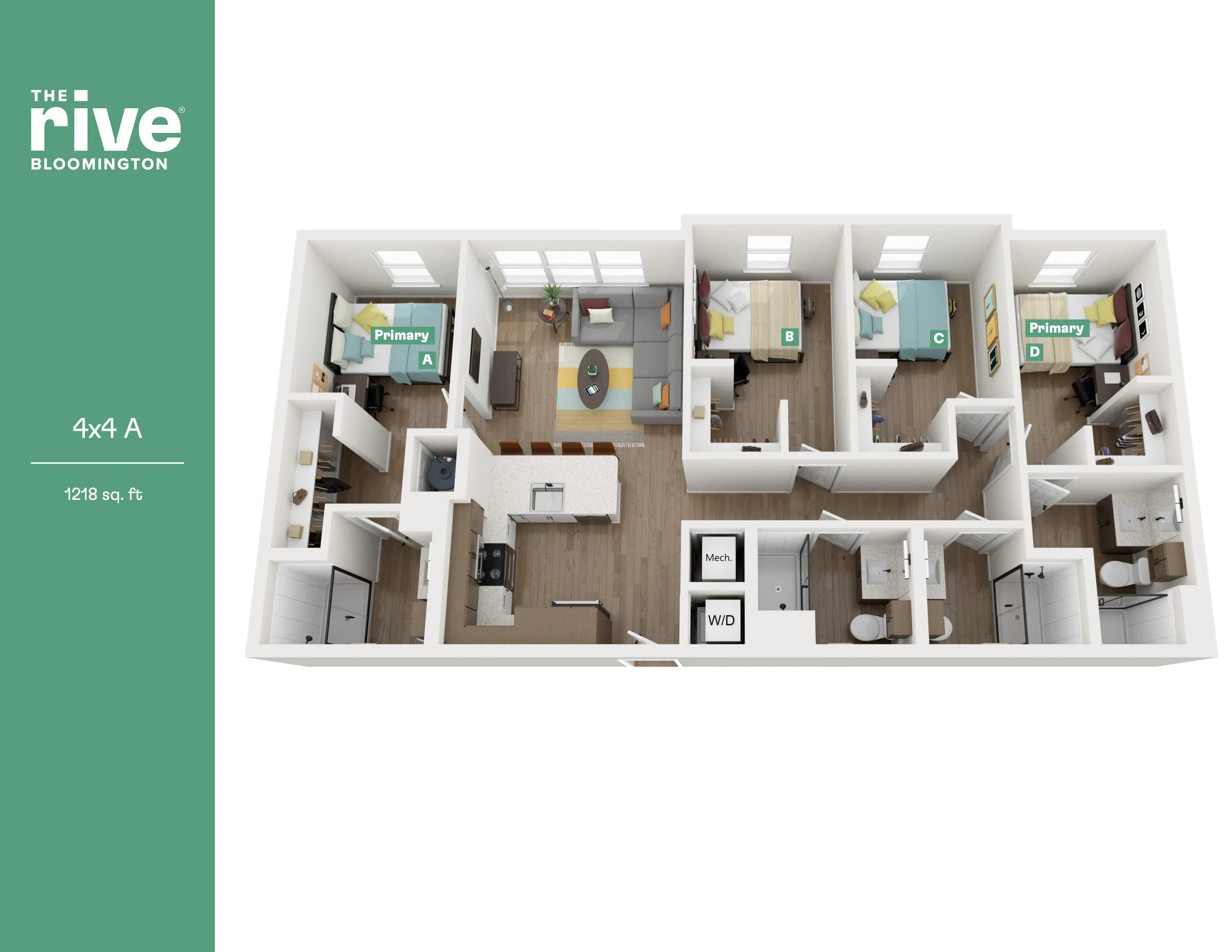 Modern 3D floor plan of The Rive, Bloomington displaying 4 bedrooms with private bathrooms, expansive living area, and sleek kitchen layout, totaling 1218 sq ft.