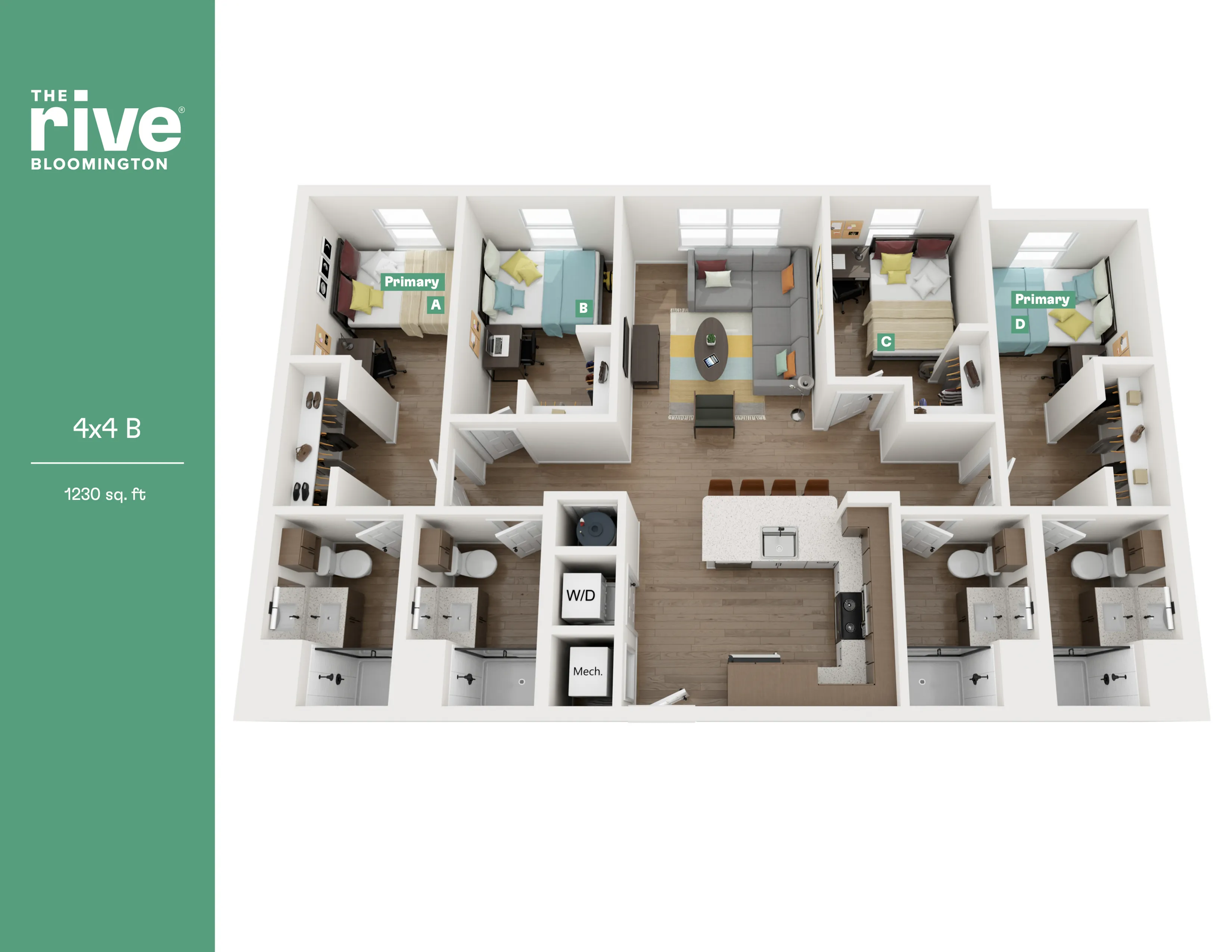 Modern 3D floor plan of The Rive Bloomington, 4x4 B layout featuring 4 bedrooms, spacious living area, stylish kitchen, and private bathrooms in 1230 sq. ft.