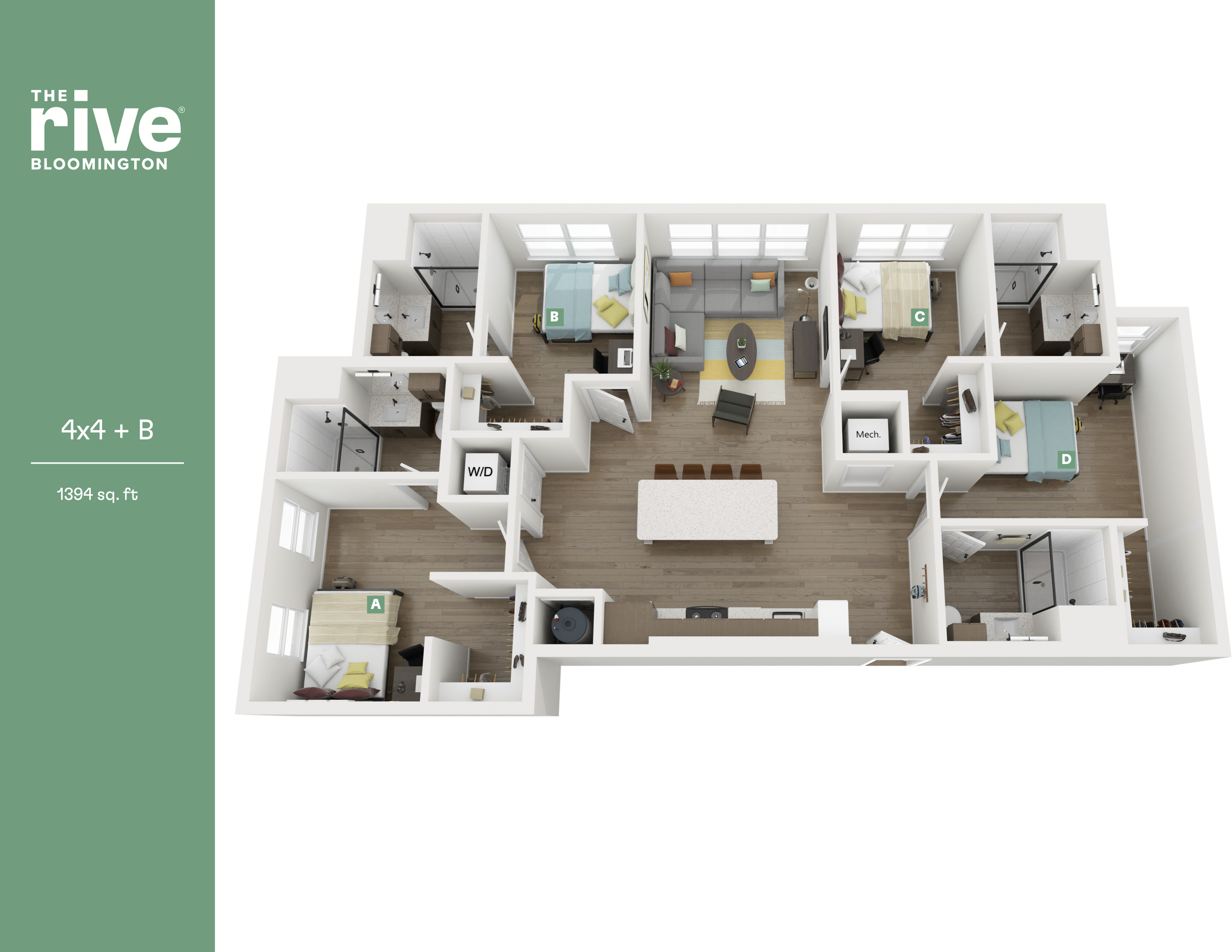 The Rive Bloomington spacious 4x4 floor plan featuring four luxurious bedrooms, a modern open-concept living area, and a stylish kitchen, 1394 sq ft.