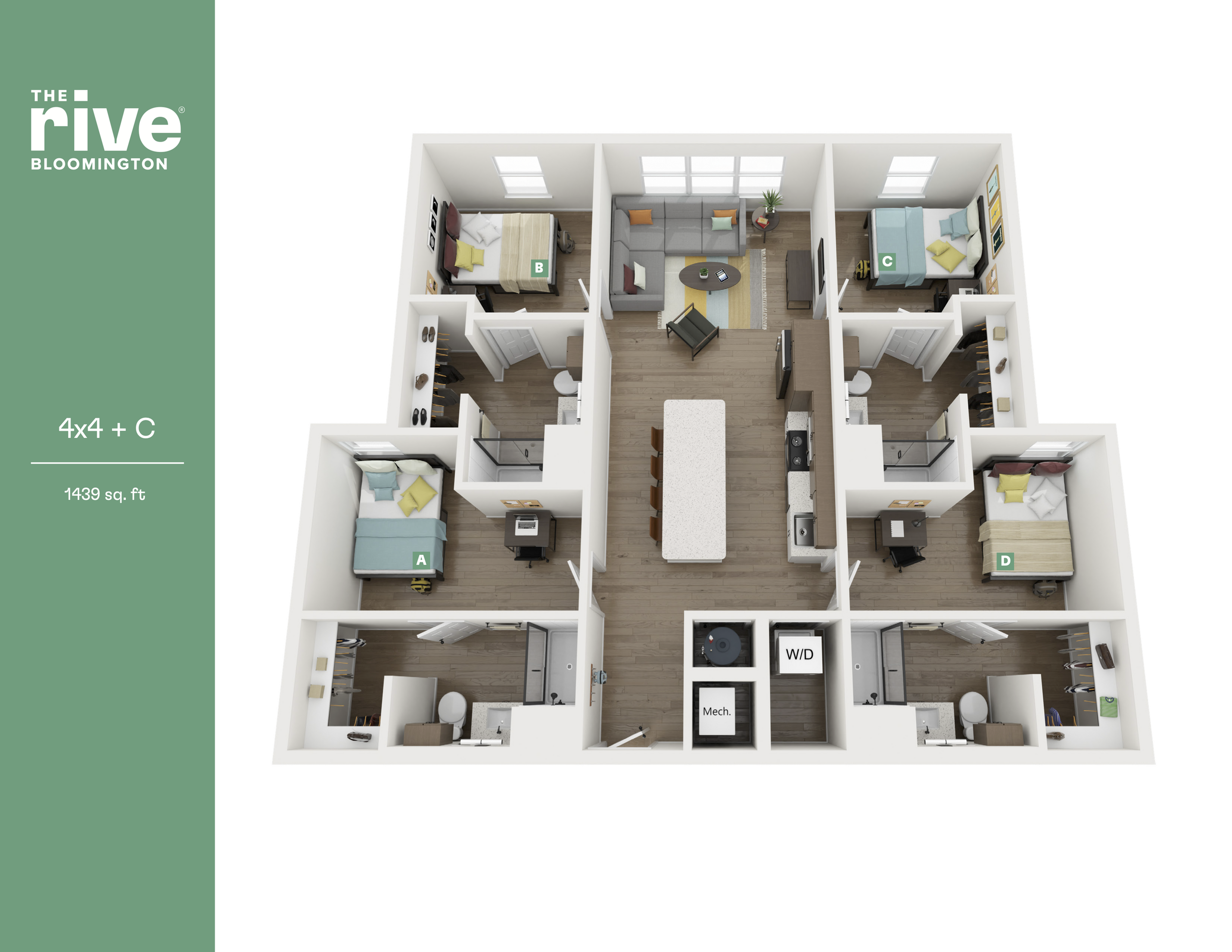 Modern 4x4 C floor plan at The Rive Bloomington, showcasing four bedrooms, elegant open living area, and sleek kitchen layout, spacious 1439 sq ft design.