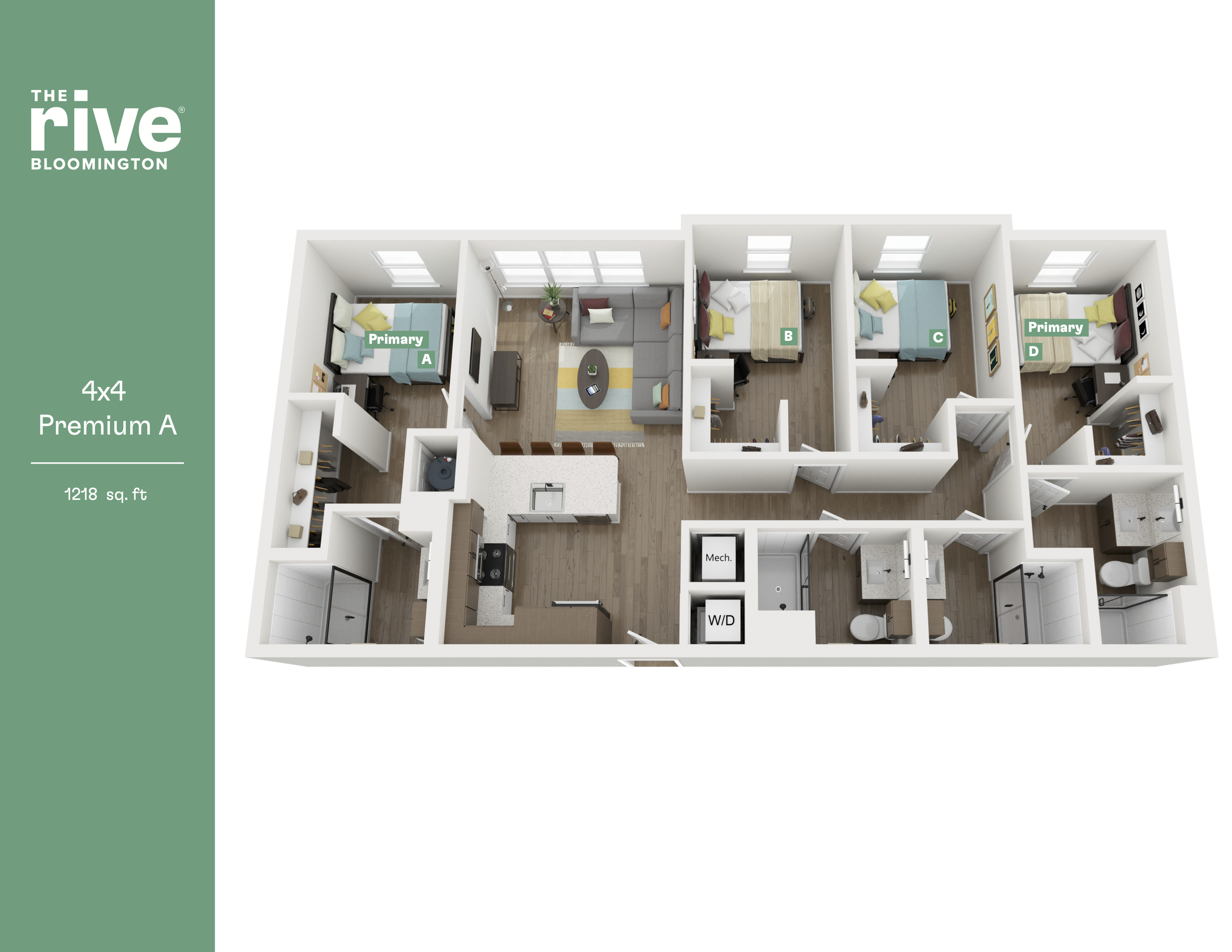 Luxurious 1218 sq ft floor plan showcasing 4 bedrooms, each with private en-suite bathrooms, spacious living area, modern kitchen, and in-unit laundry at The Rive Bloomington.
