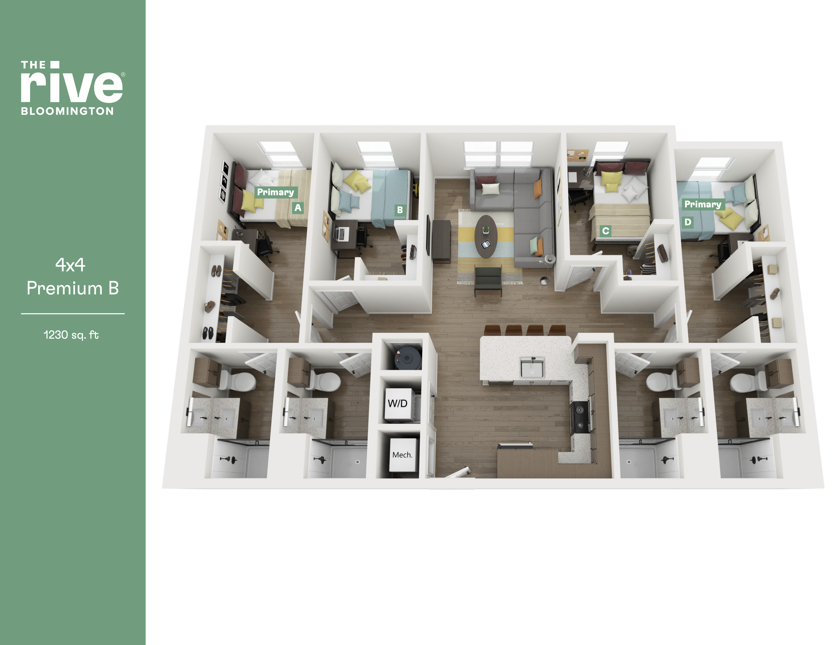 Contemporary 3D floor plan of The Rive Bloomington, showcasing a spacious 4x4 layout with four bedrooms, modern kitchen, and inviting living area, covering 1230 sq. ft.