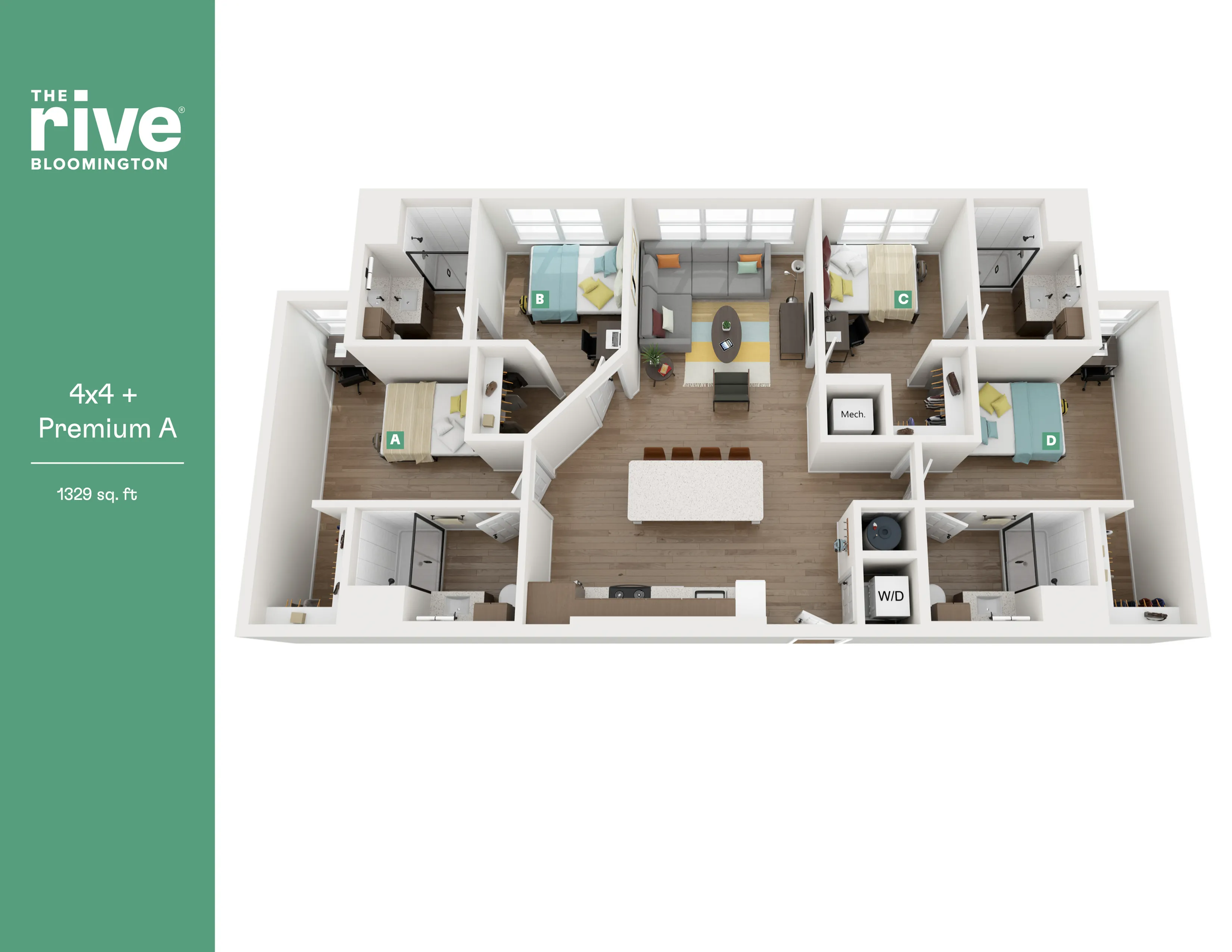 Modern 3D floor plan of a spacious 4-bedroom apartment with stylish interiors, open-concept living area, and well-appointed kitchen at The Rive Bloomington, 1329 sq ft.