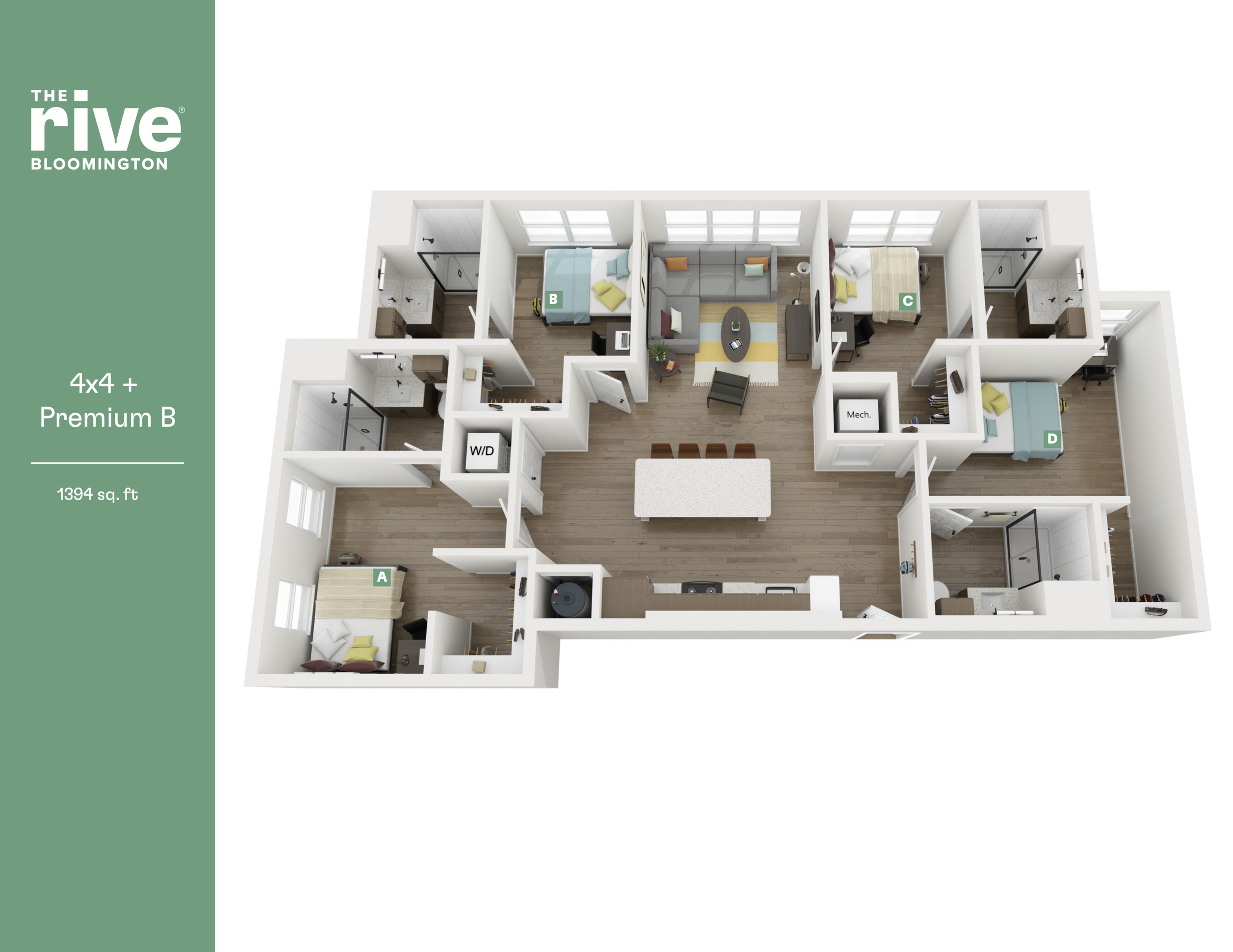 The Rive Bloomington Premium B floor plan featuring 4 bedrooms, stylish open-concept living area, modern kitchen, and 1394 sq. ft. of space.