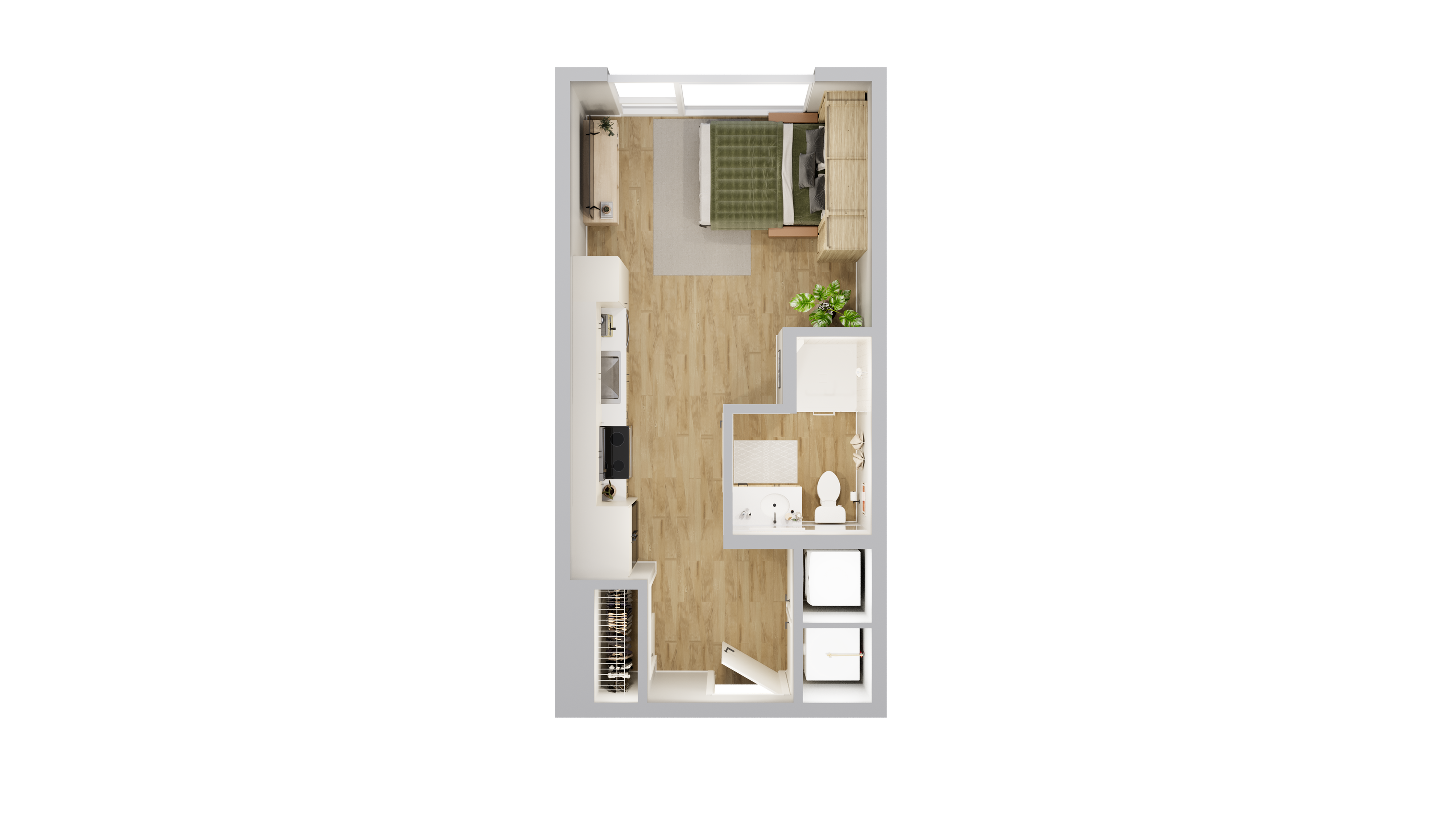 Chic studio apartment floor plan with open layout, featuring a cozy bedroom nook, modern kitchen, and elegant bathroom.