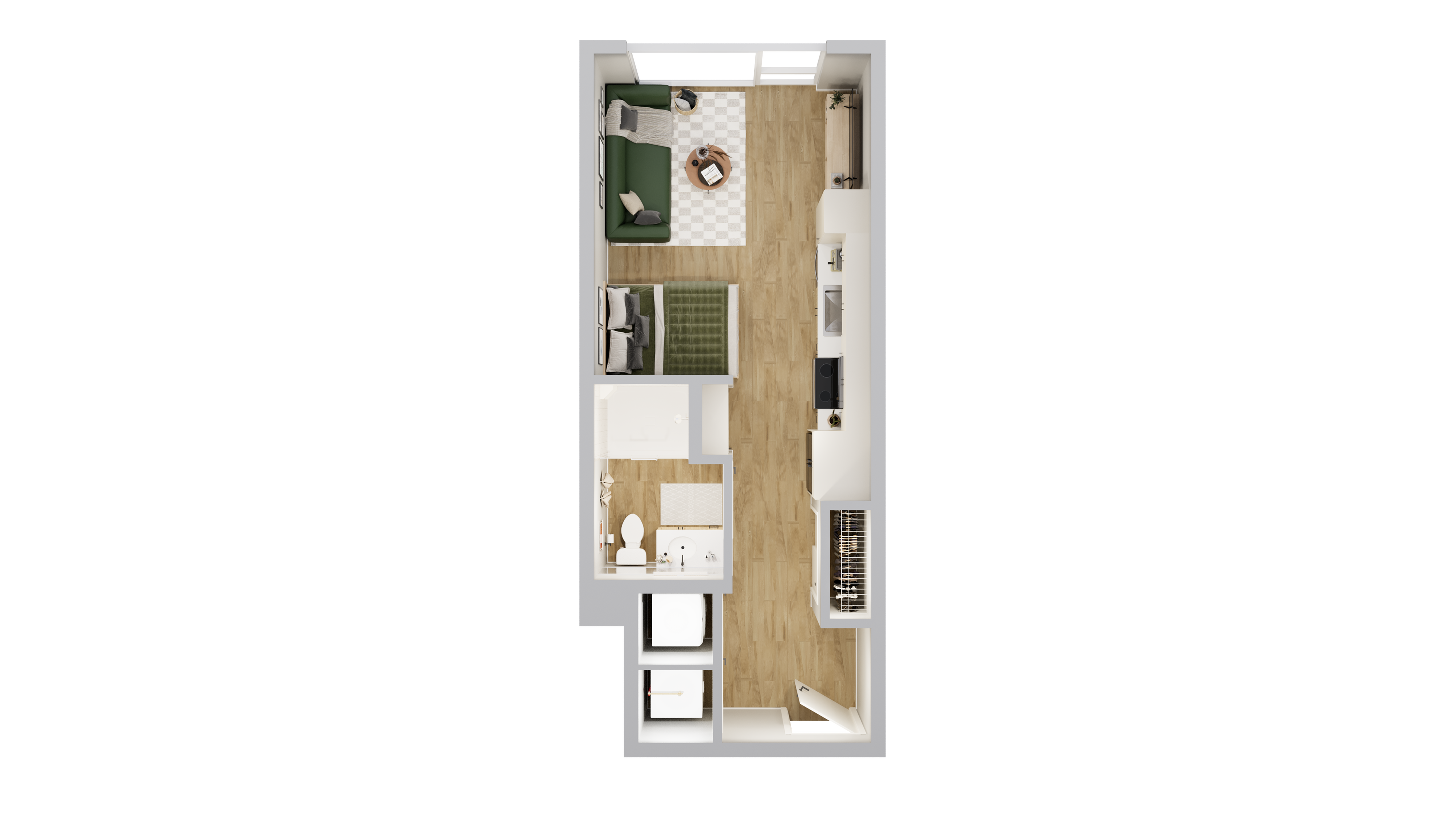 Modern 3D floor plan showcasing a cozy one-bedroom apartment with an open living area, sleek kitchen, and stylish bathroom.