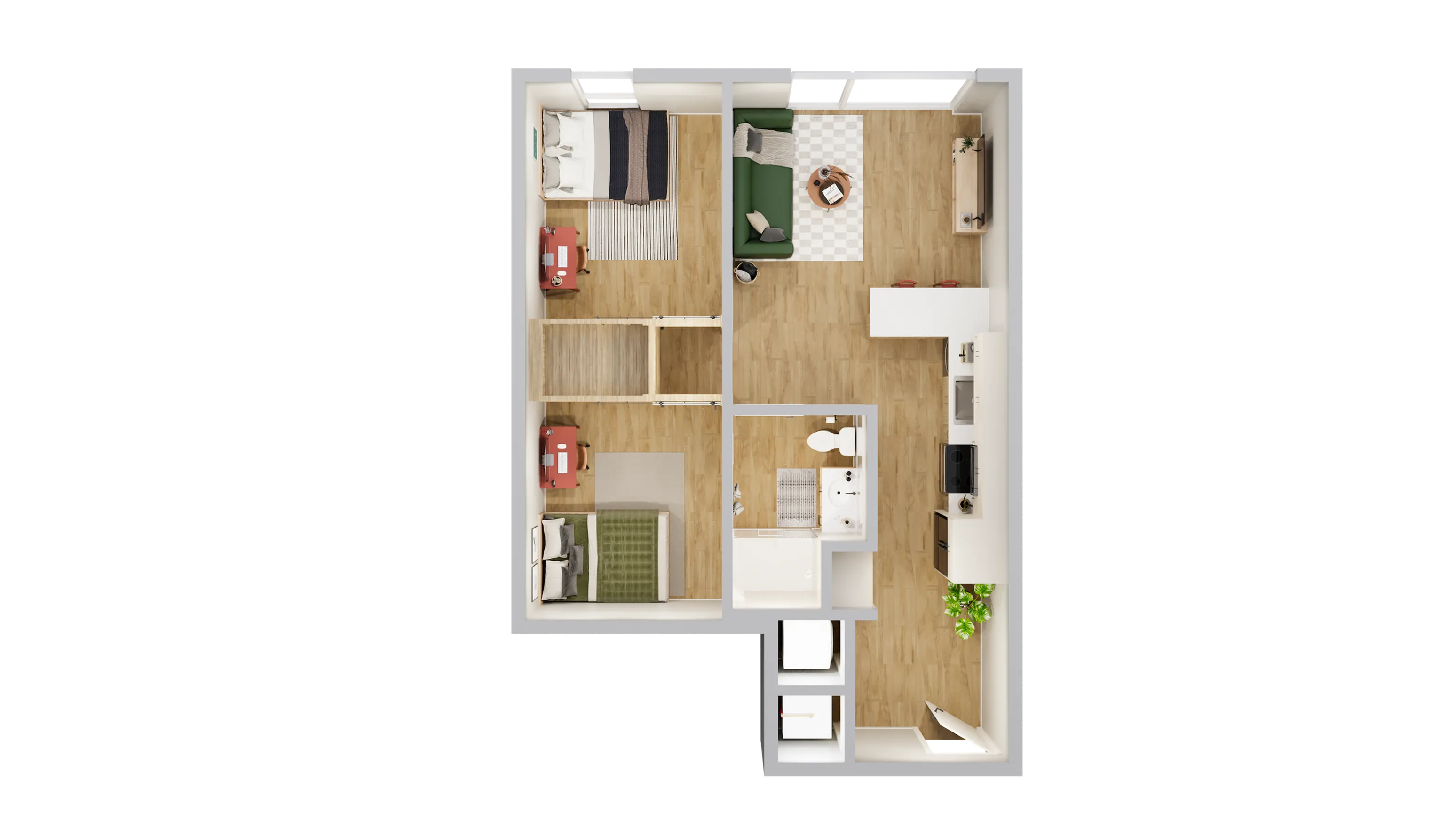 Contemporary floor plan featuring two cozy bedrooms, a stylish open-concept living area, and a sleek kitchen, perfect for modern living.