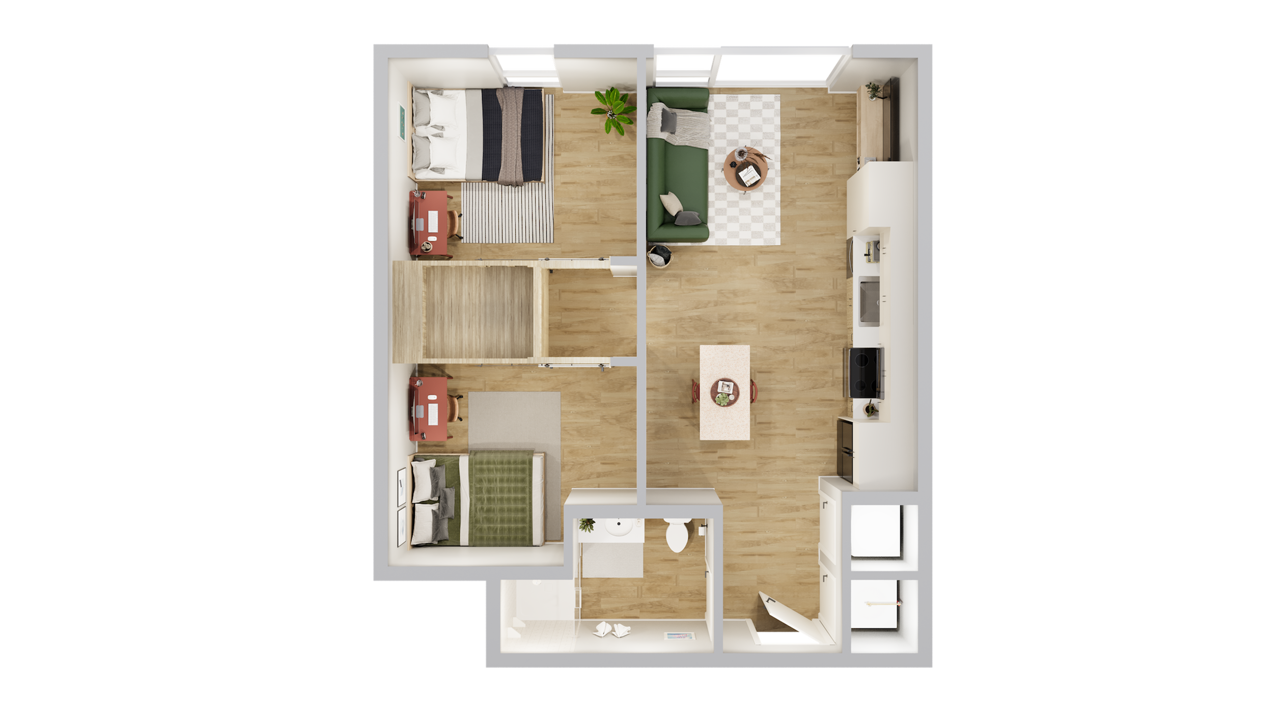 Modern floor plan showcasing 2 cozy bedrooms, a stylish open-concept living and dining area, and a fully equipped kitchen.