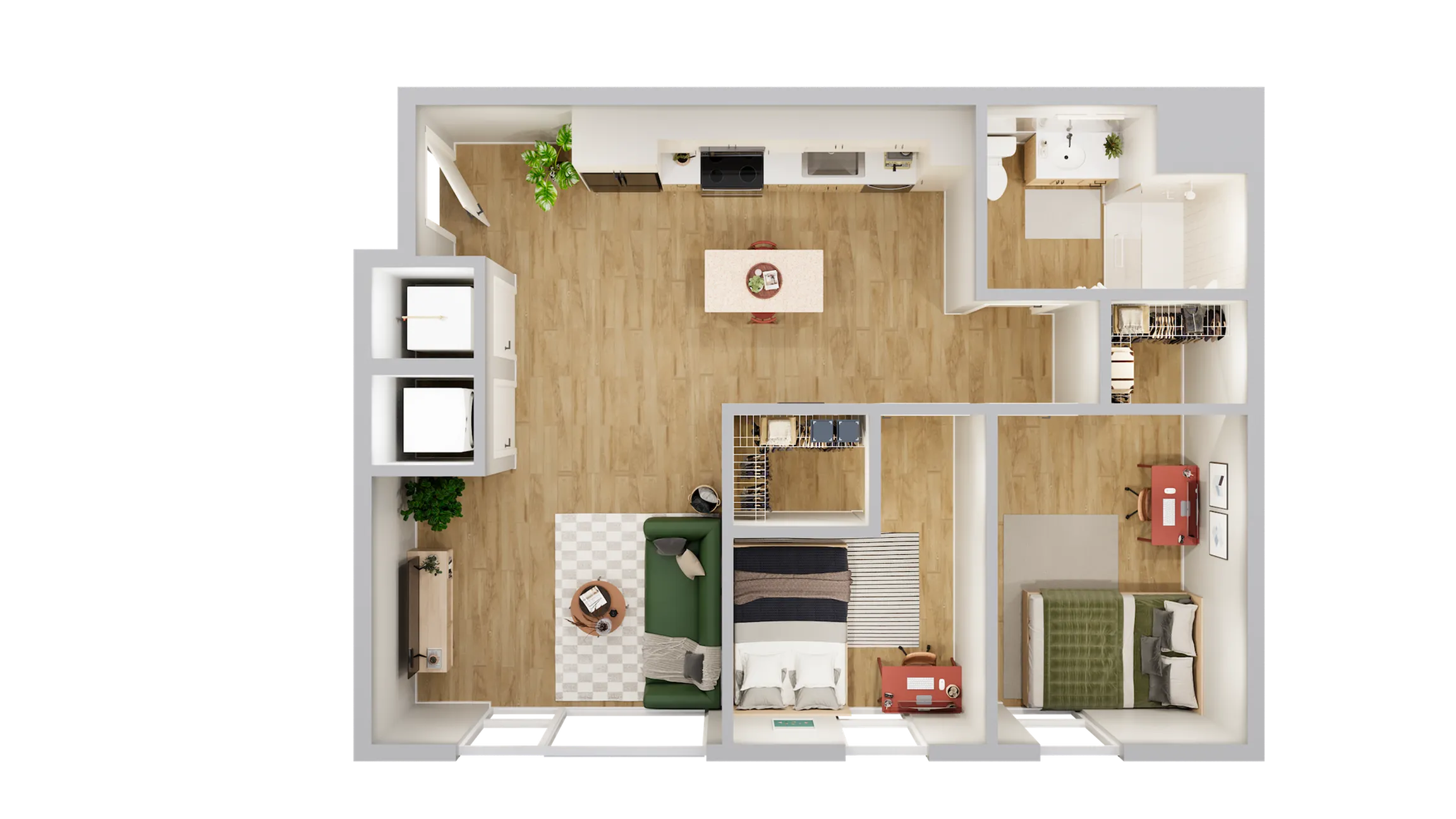 Modern apartment floor plan illustrating an open kitchen, cozy living area, two bedrooms, bathroom, and ample storage space.