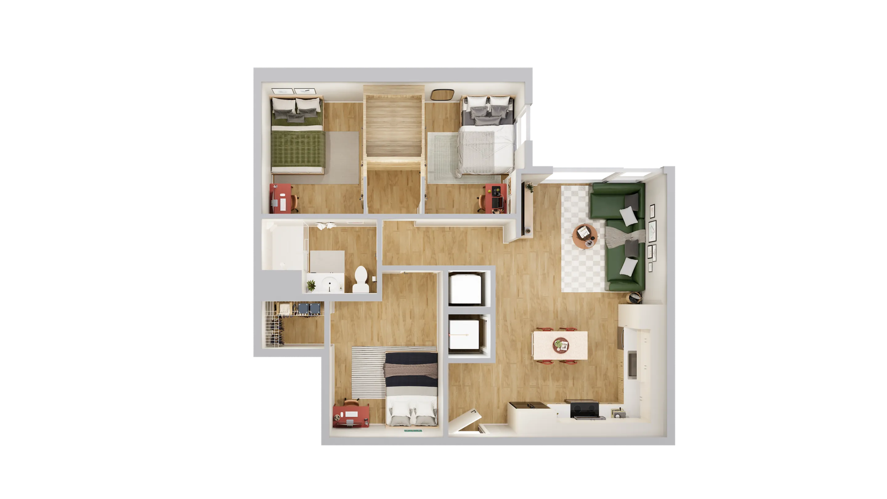 Inviting floor plan showcasing 3 bedrooms, an elegant living area, and a modern kitchen with warm wood flooring.