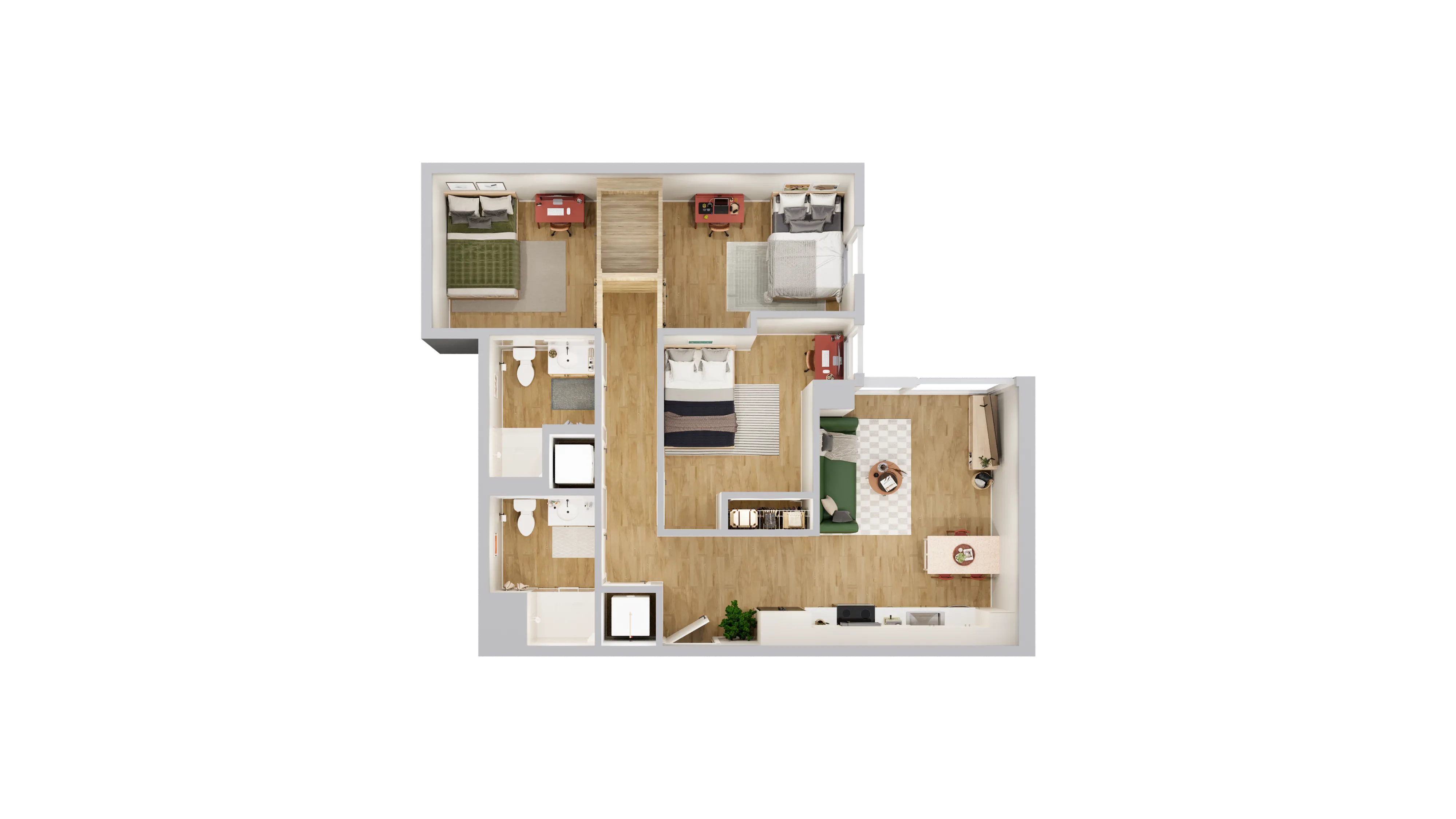 Chic 3-bedroom floor plan featuring a modern open-concept living area, stylish kitchen, and two elegant bathrooms.