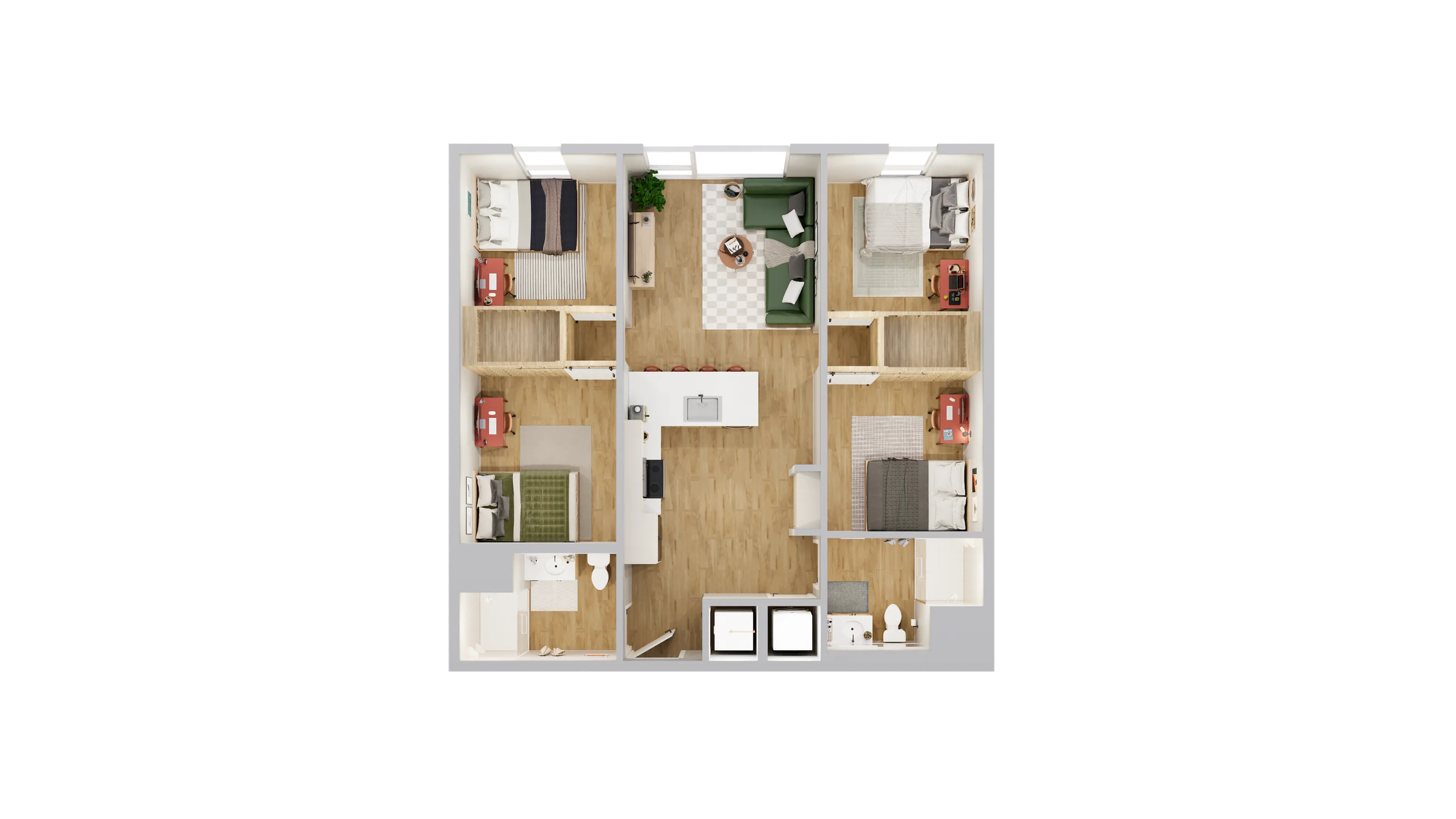 Chic 3D floor plan showcasing four cozy bedrooms, a modern open living area, spacious kitchen island, and stylishly designed interiors.