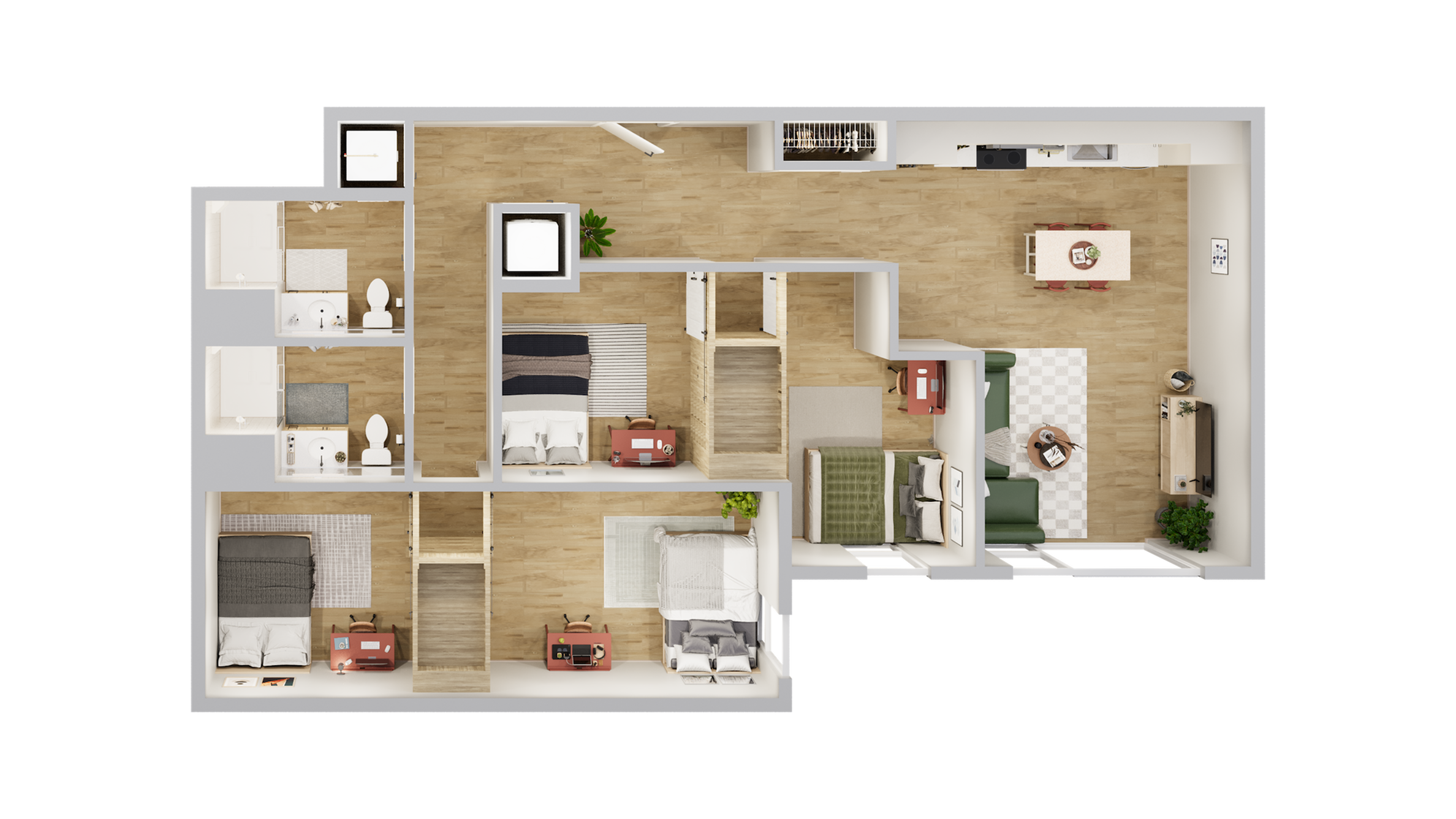 Modern 3D floor plan displaying 3 bedrooms, a cozy living room, and an open-plan kitchen with stylish decor.