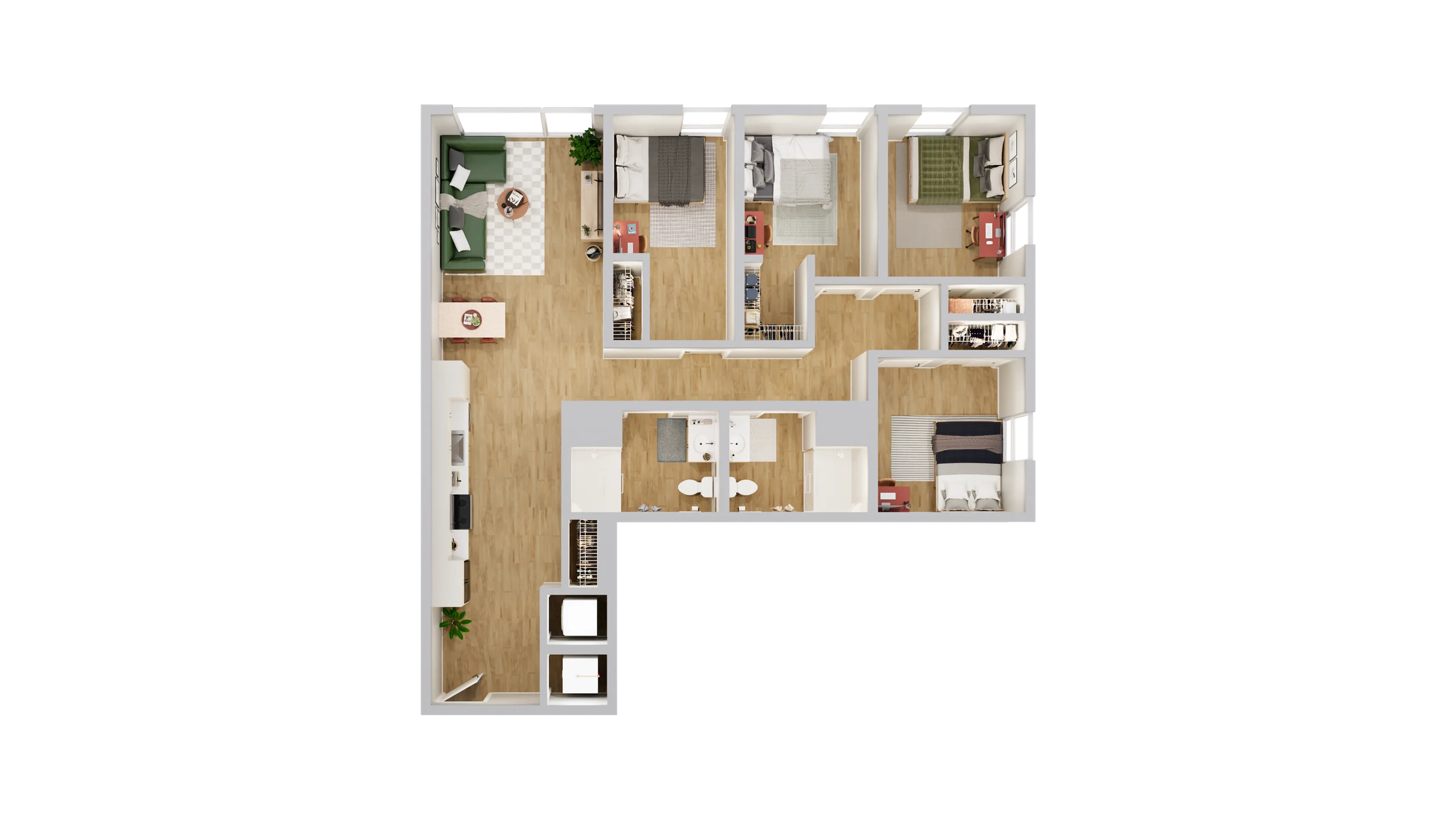 Modern 3D floor plan showcasing three cozy bedrooms, a stylish open-concept living and dining area, and a spacious kitchen for entertaining.