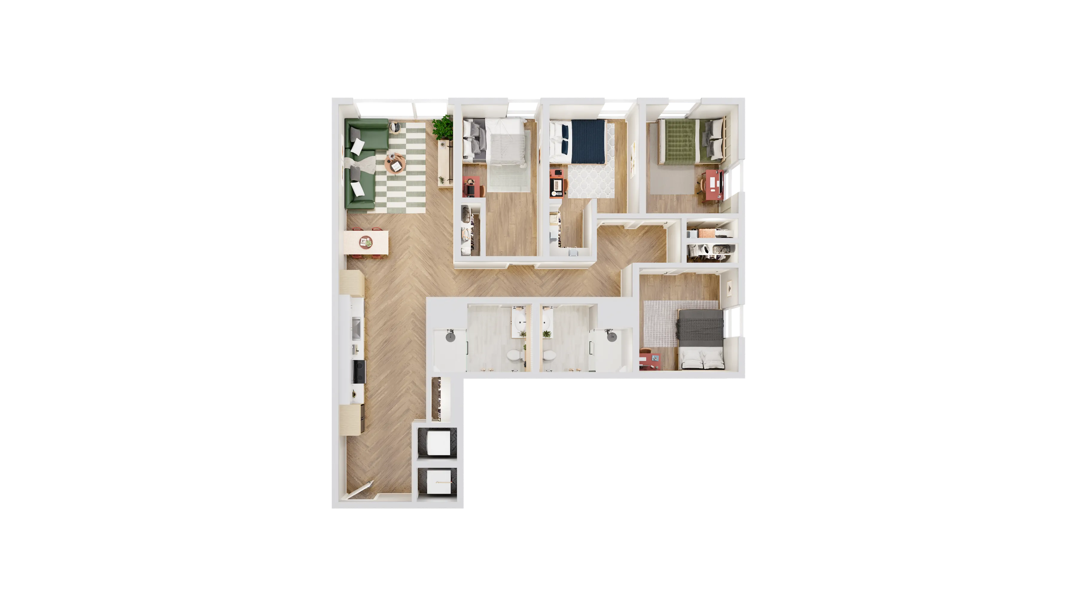 Modern L-shaped floor plan with four cozy bedrooms, open-plan living area, and sleek kitchen design.