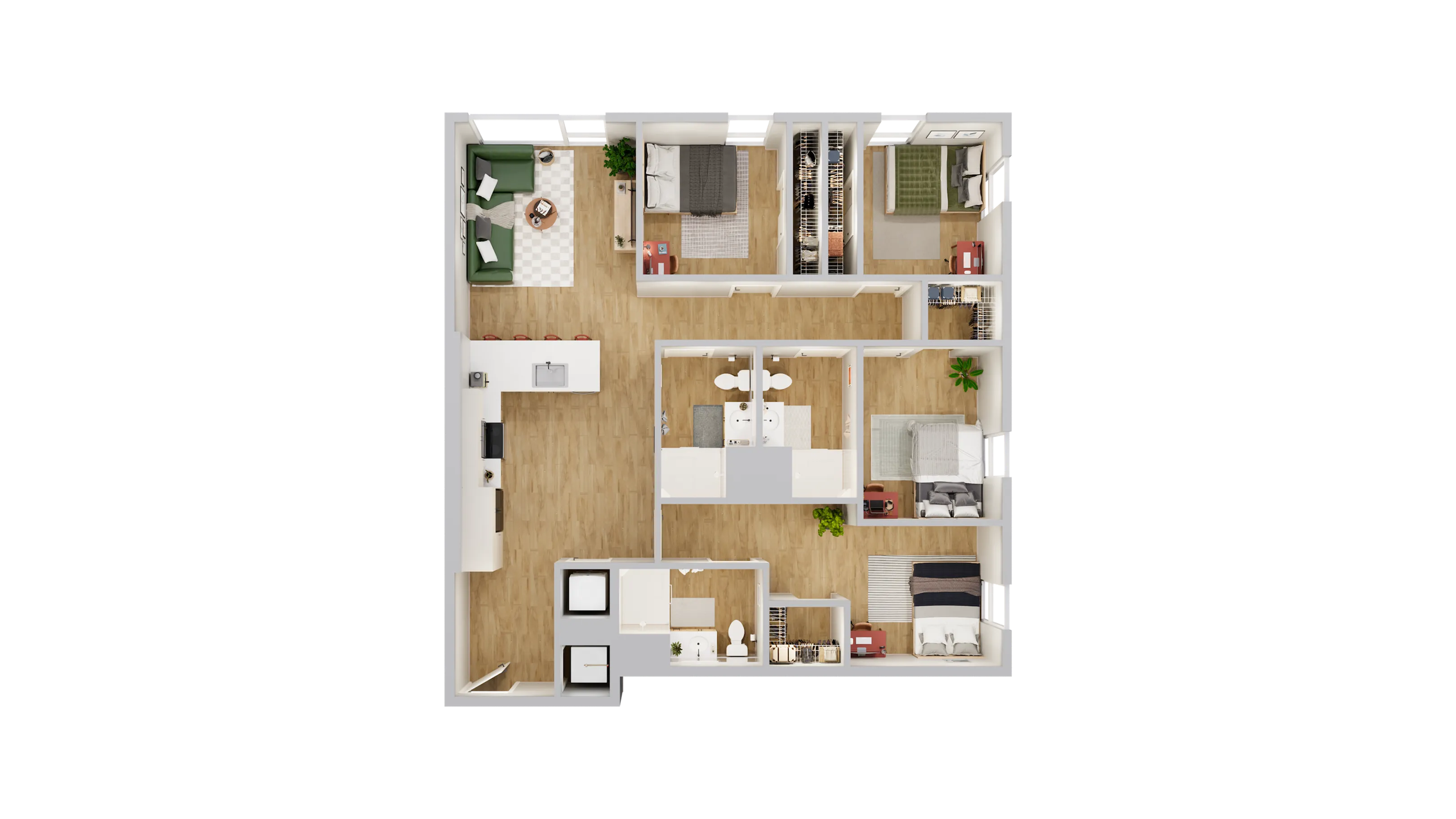 Modern 3D floor plan featuring three bedrooms, an open living area, sleek kitchen with bar seating, and two bathrooms.