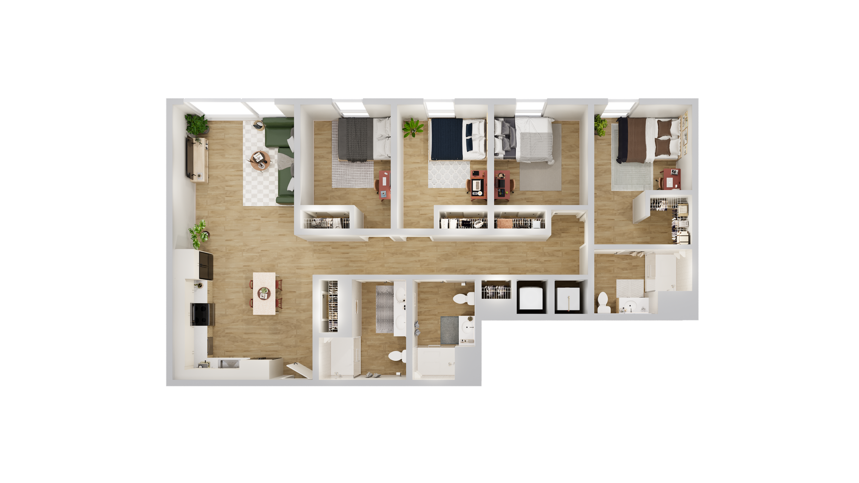 Modern apartment floor plan showcasing 3 bedrooms, open-concept living room, and elegant kitchen with island dining.