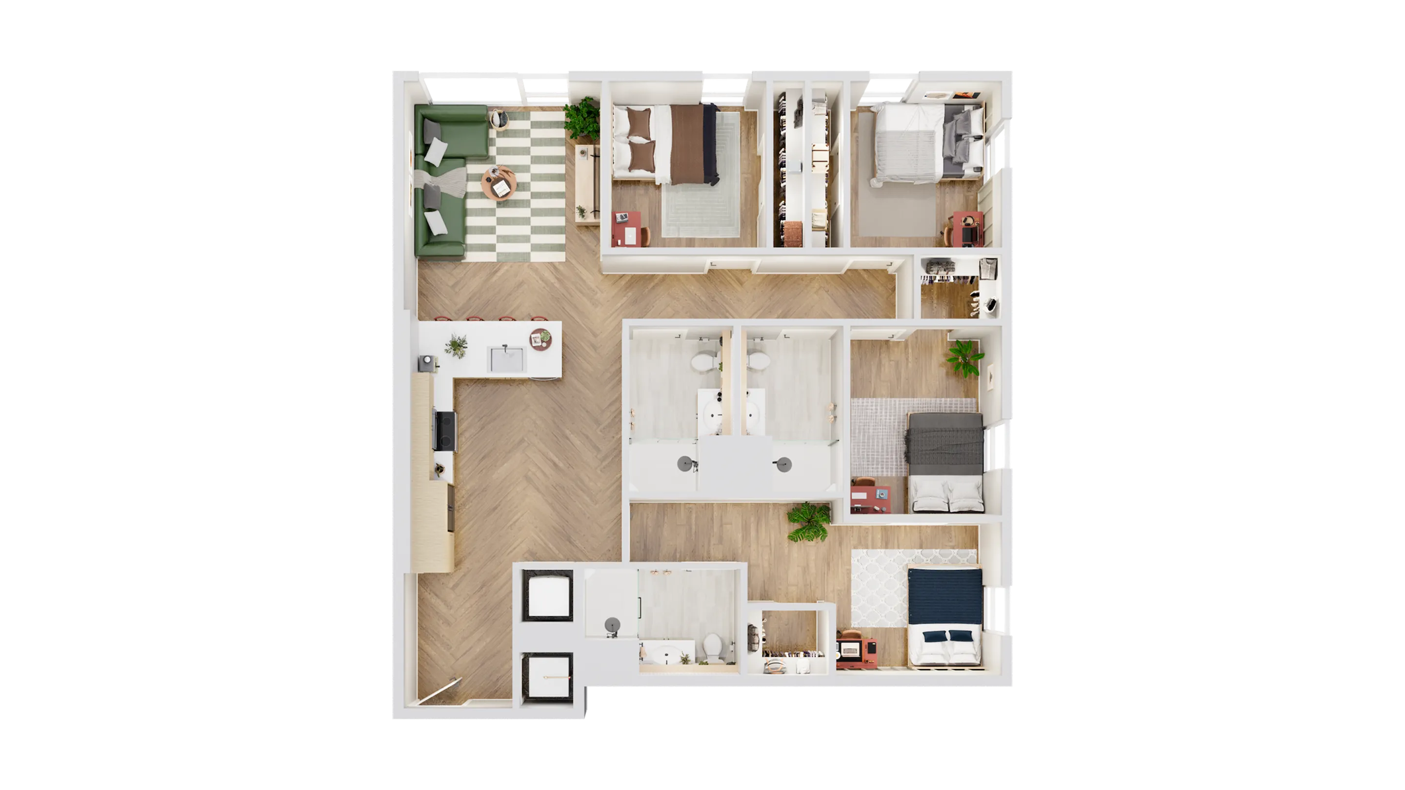 Modern spacious floor plan featuring three bedrooms, stylish open-concept kitchen with island seating, cozy living room with chic decor, and two elegant bathrooms.