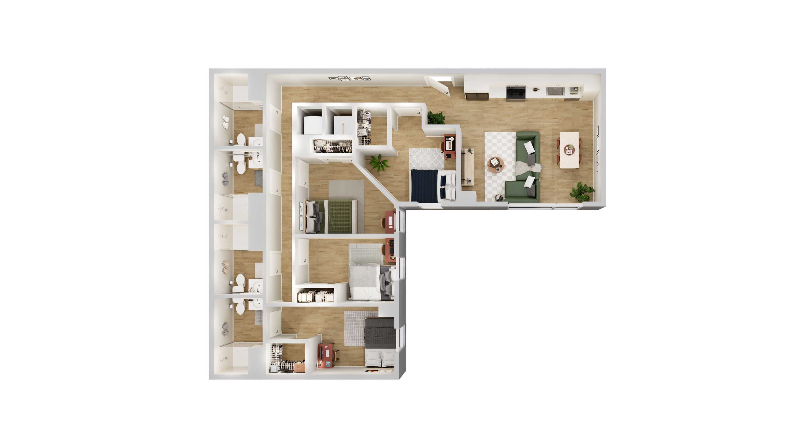 Modern L-shaped floor plan showcasing 3 bedrooms, 2 bathrooms, an open living room with kitchen, and cozy dining area.
