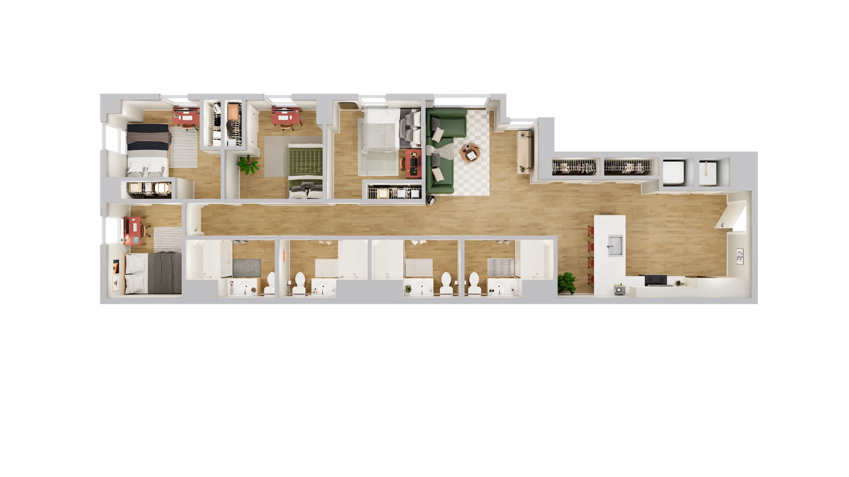 Modern floor plan showcasing 3 bedrooms, a stylish living area, open kitchen, and two sleek bathrooms, designed for comfort and functionality.