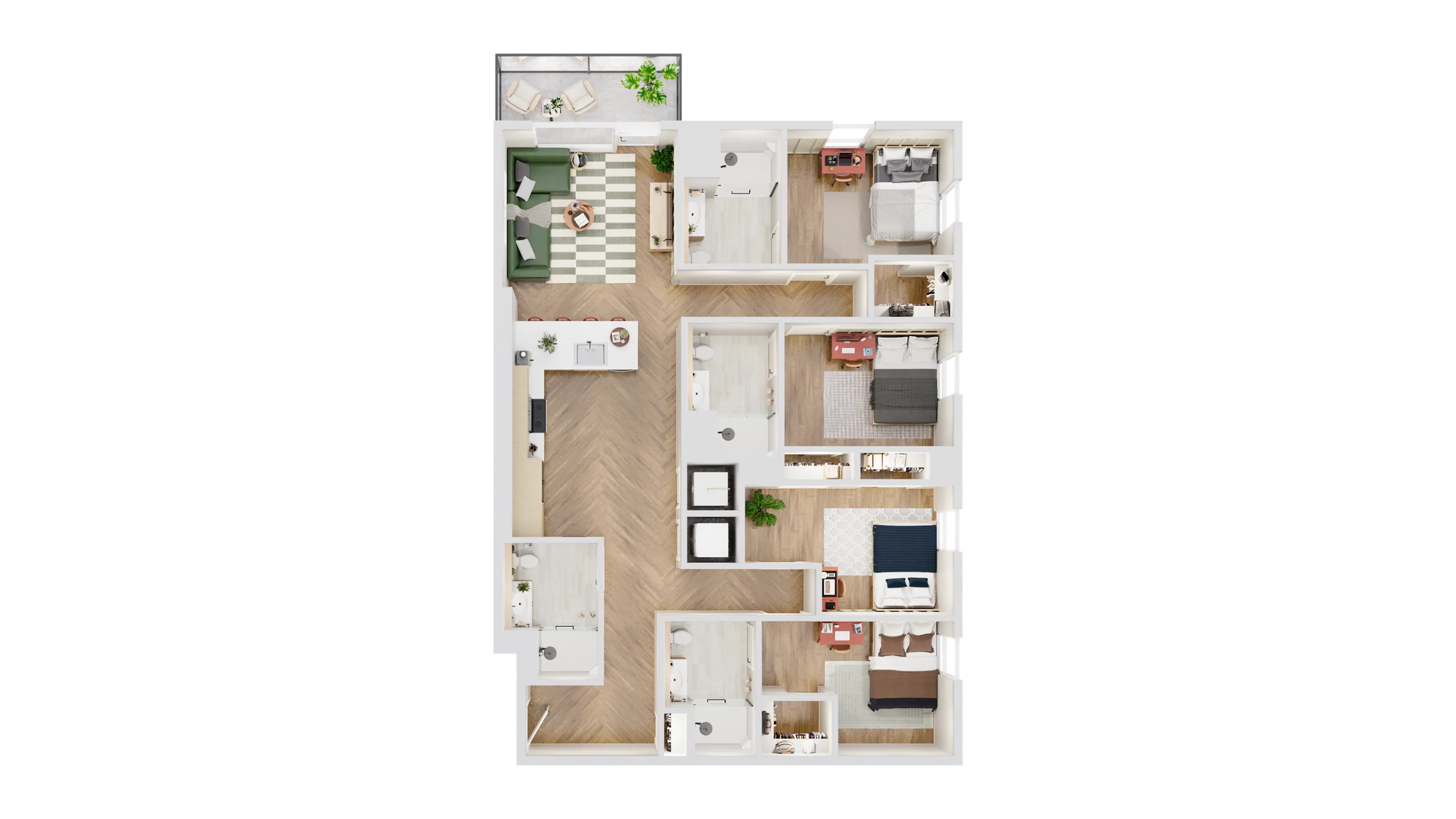 Modern floor plan showcasing 3 cozy bedrooms, a spacious living area with chic decor, and a functional open kitchen design.