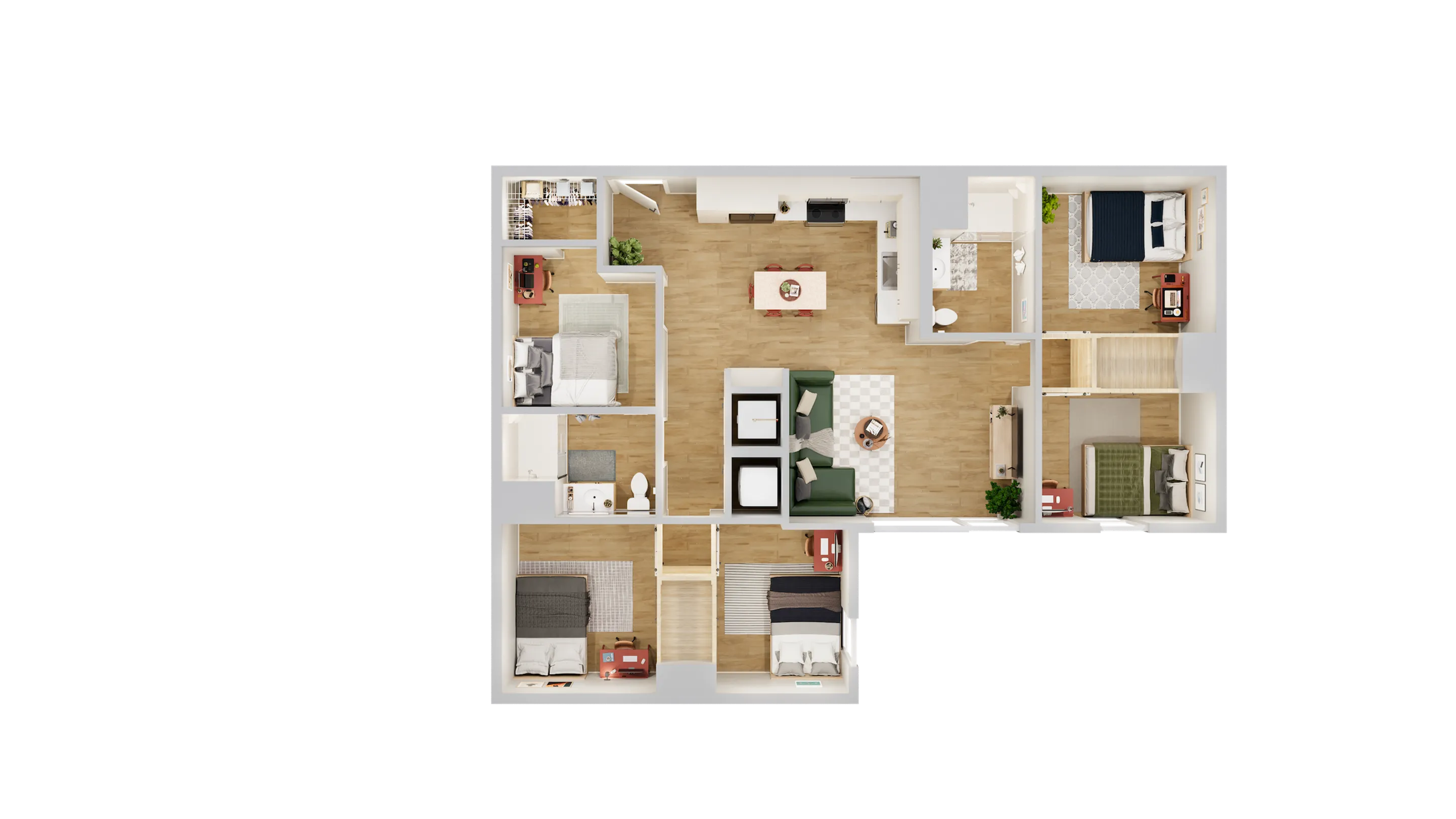 Modern 3D floor plan showcasing 3 cozy bedrooms, open-concept living and dining area, sleek kitchen, and two elegant bathrooms.