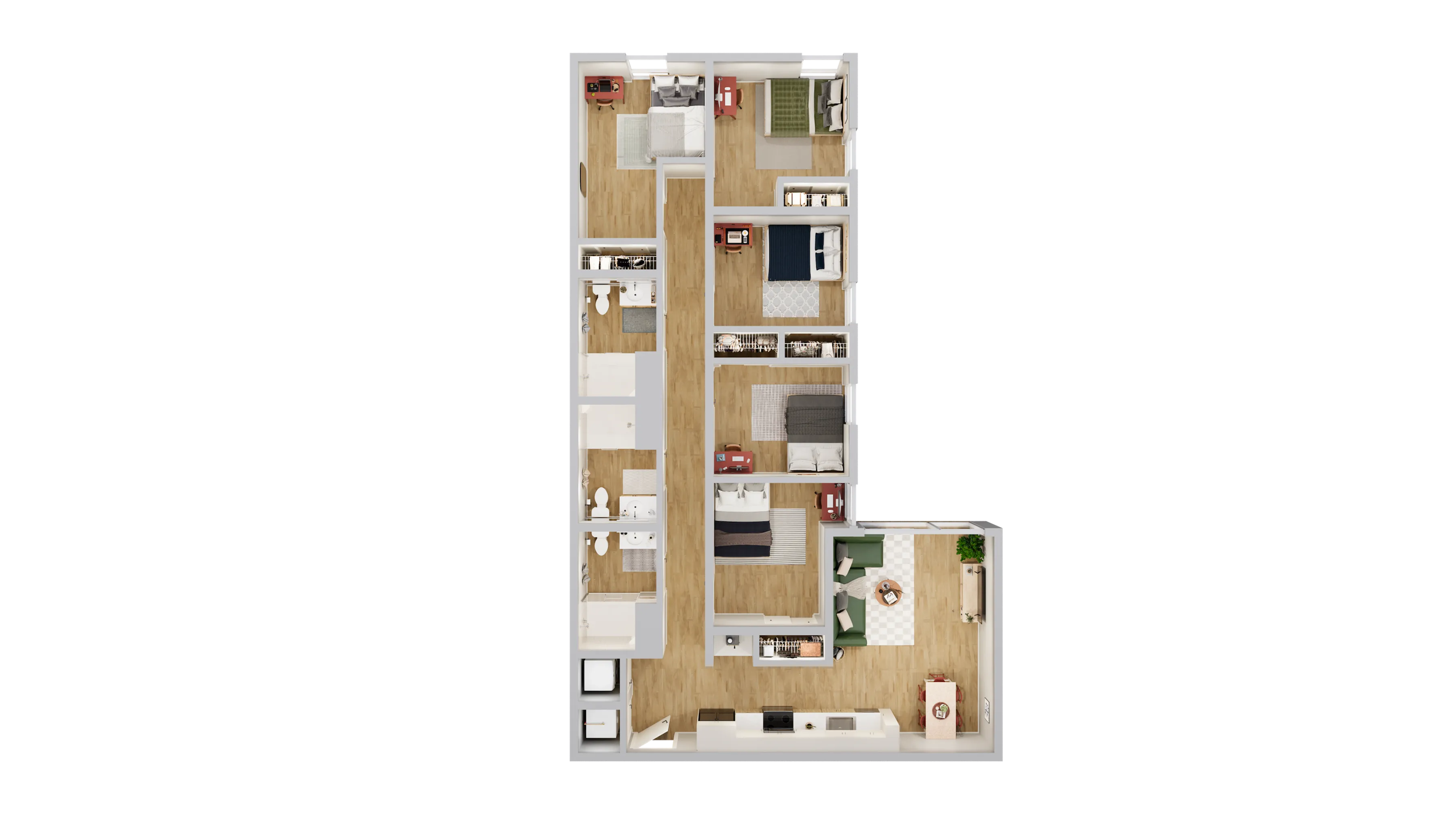 Contemporary 3D floor plan featuring 4 bedrooms, 2 bathrooms, an open kitchen, and a cozy living room.