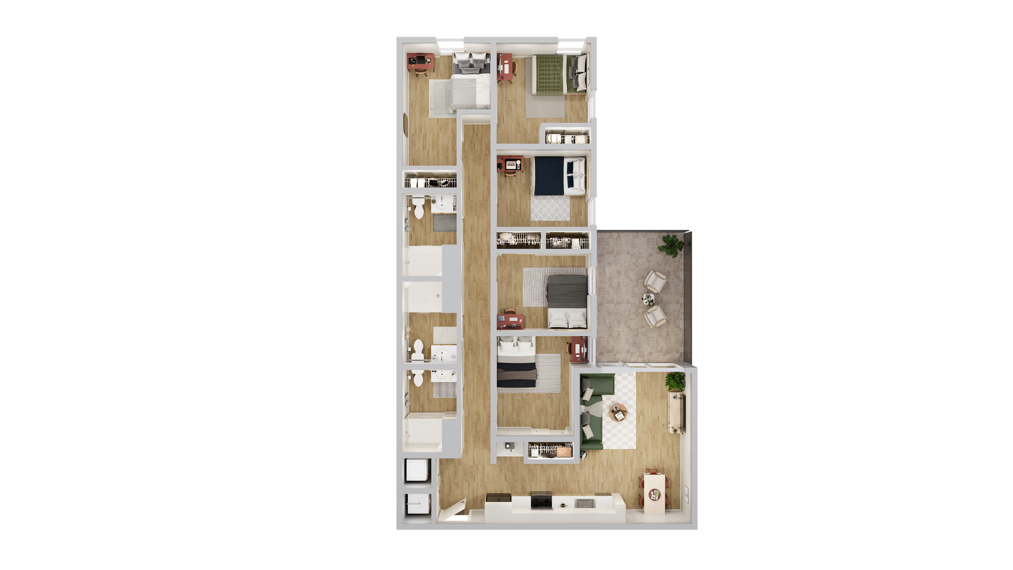 Modern 3D floor plan featuring 4 bedrooms, elegant open-concept living and dining area, stylish kitchen, two sleek bathrooms, and a spacious outdoor patio.