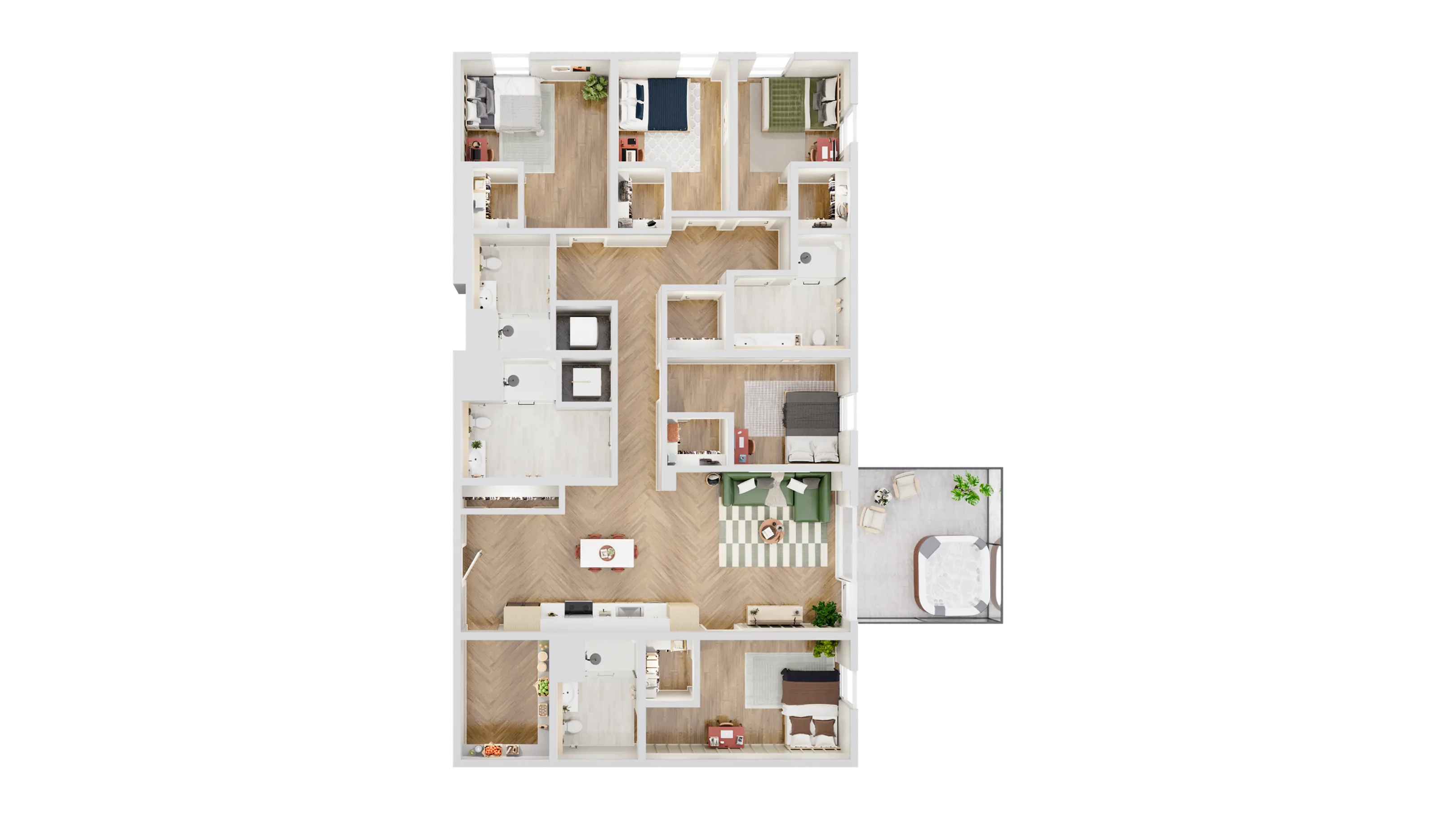 Elegant floor plan showcasing a spacious 3-bedroom layout with open-concept living and dining areas, modern kitchen, and lush balcony space.
