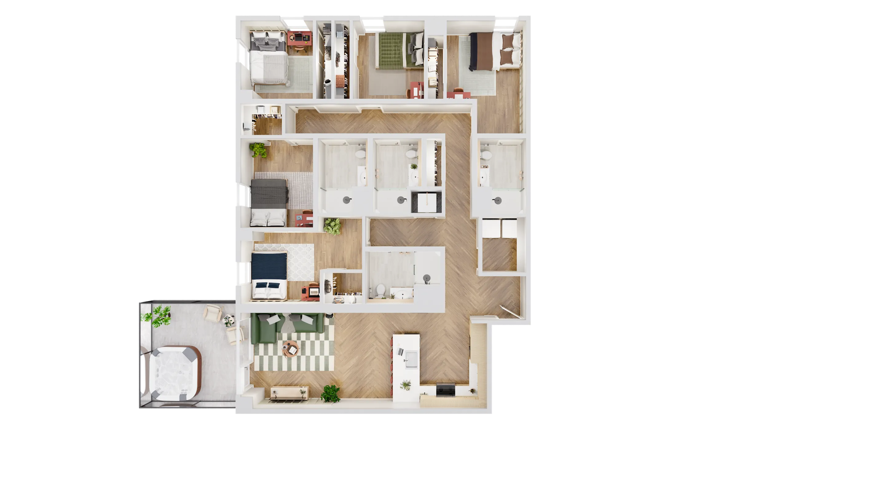 Luxurious 3D floor plan showcasing 3 cozy bedrooms, modern open-concept living room, sleek kitchen, and spacious balcony, designed for comfort and style.