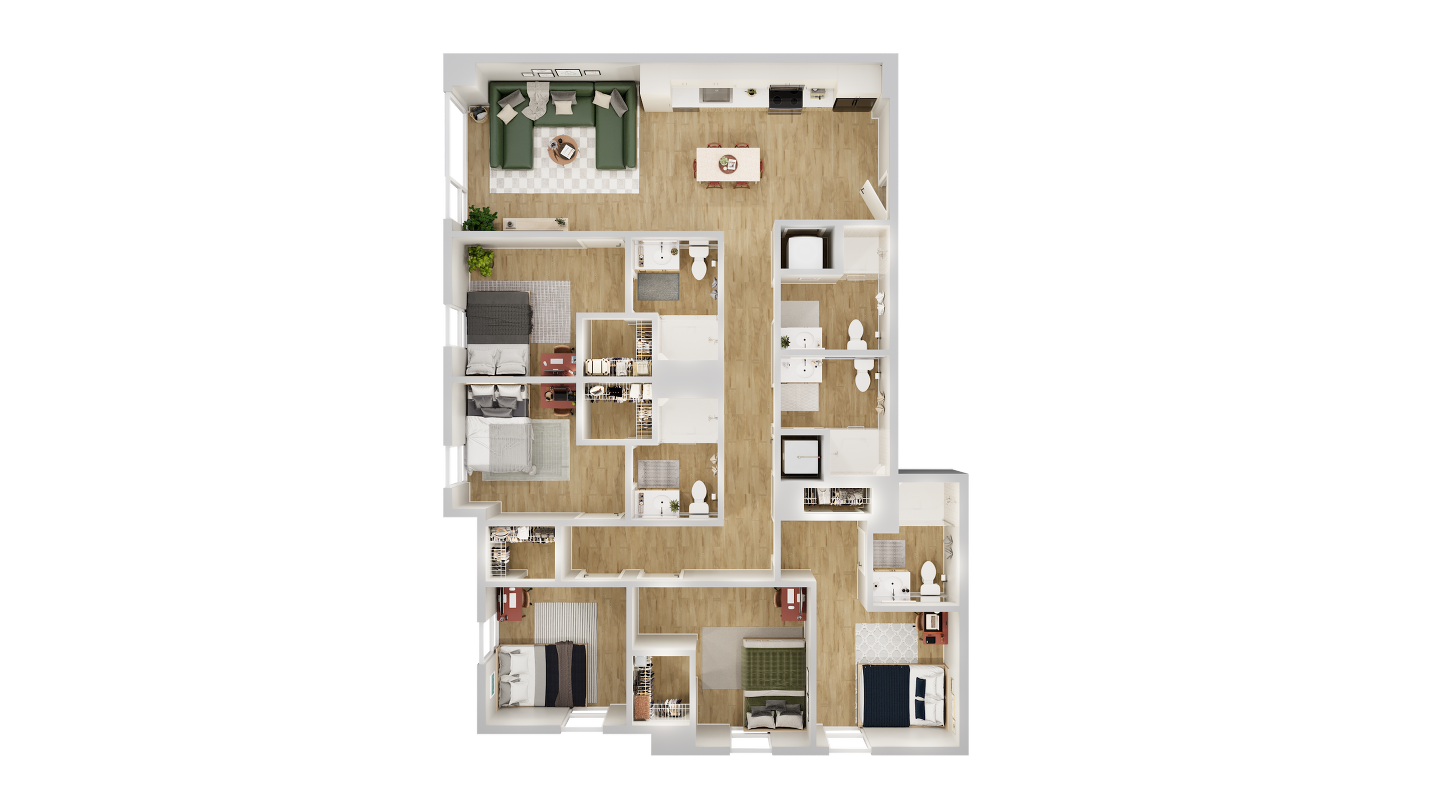Spacious 3D floor plan featuring 4 bedrooms, open-concept living and dining area, and modern kitchen design.