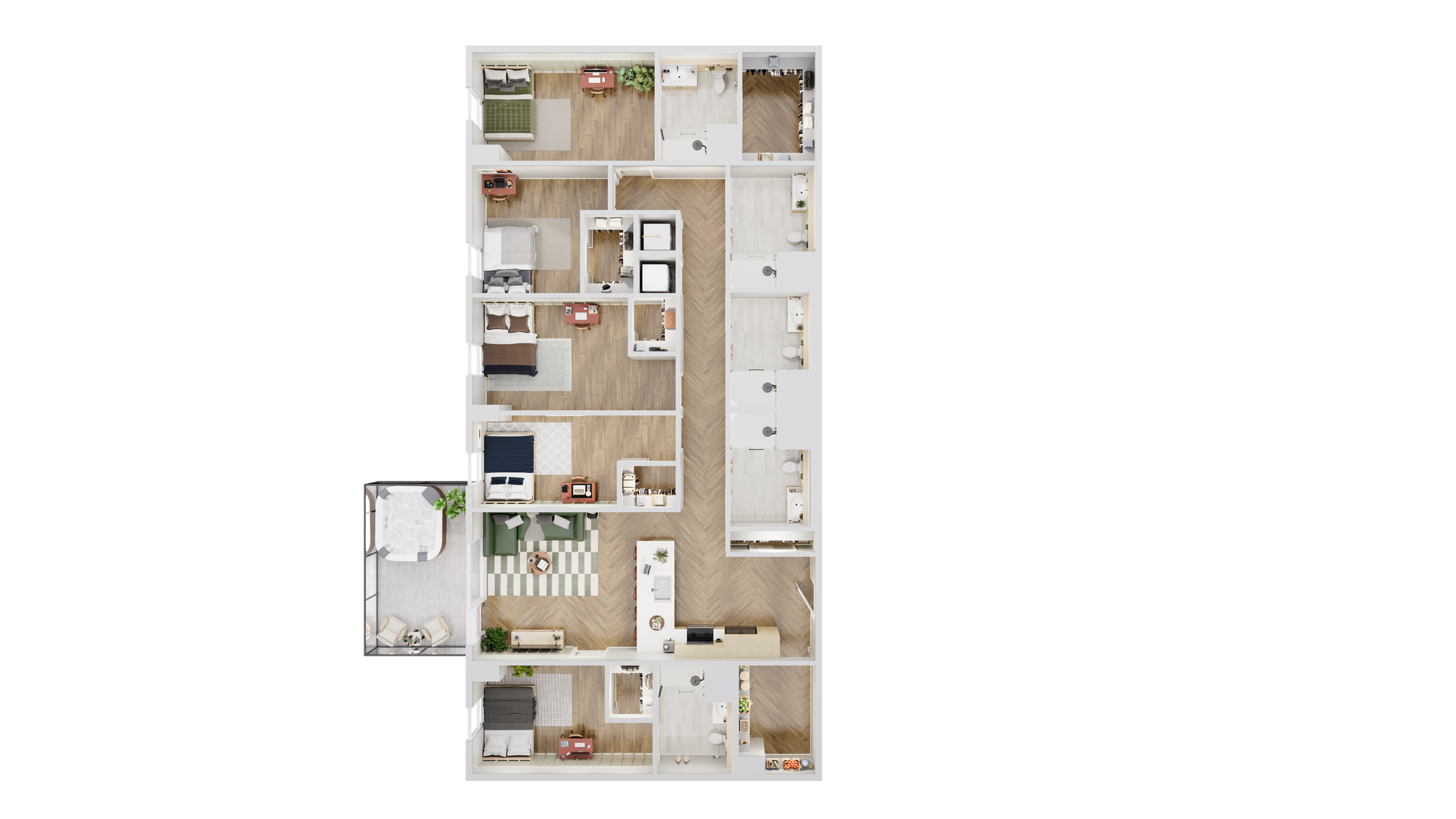 Elegant floor plan showcasing 4 bedrooms, spacious living area, modern kitchen, and stylish balcony.