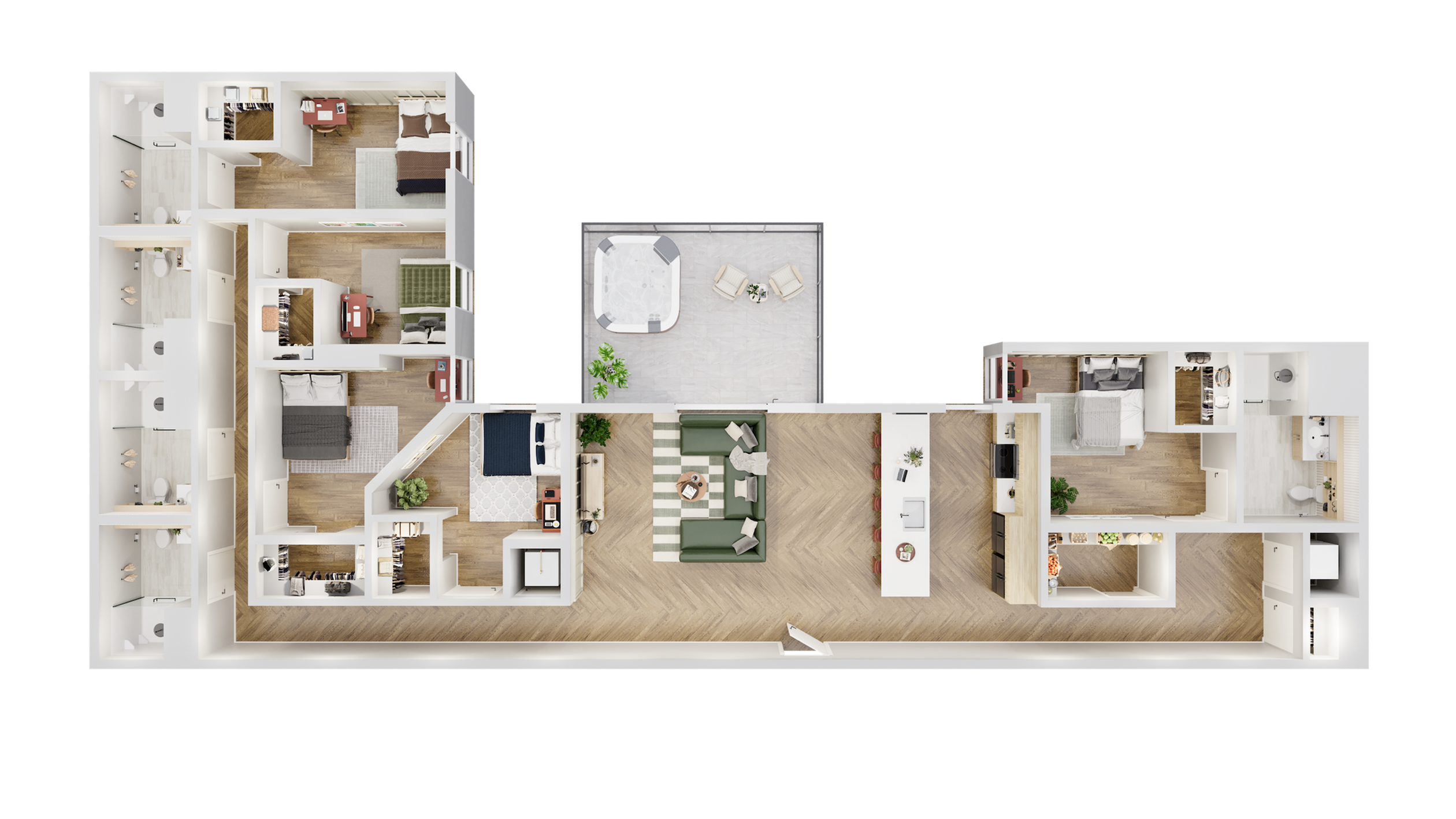 Modern floor plan showcasing 3 spacious bedrooms, an elegant open-concept living area, a sleek kitchen with an island, and a private balcony with a hot tub.