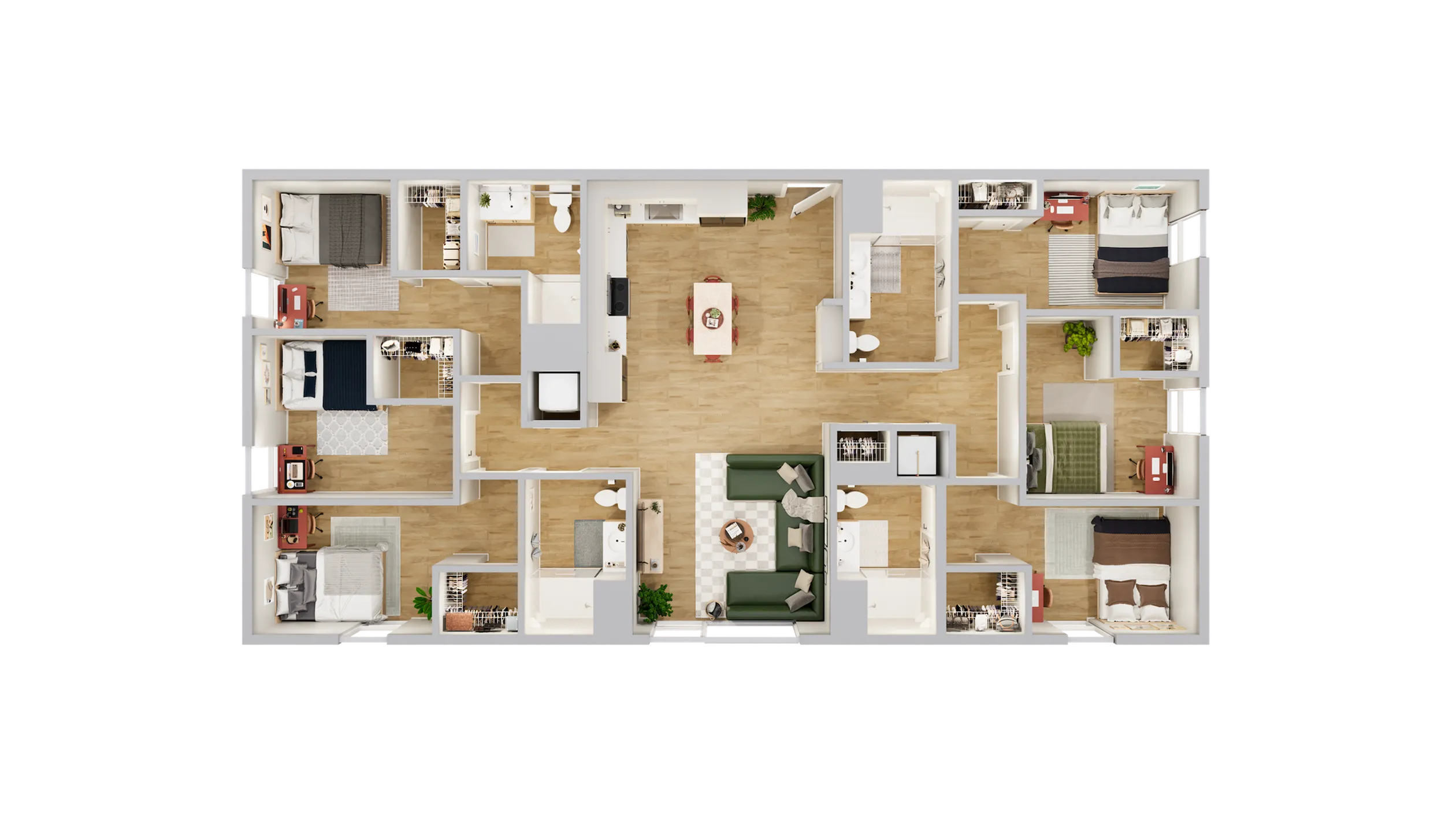 Modern floor plan showcasing 5 bedrooms, 2 bathrooms, and an open-concept living area with a stylish kitchen.