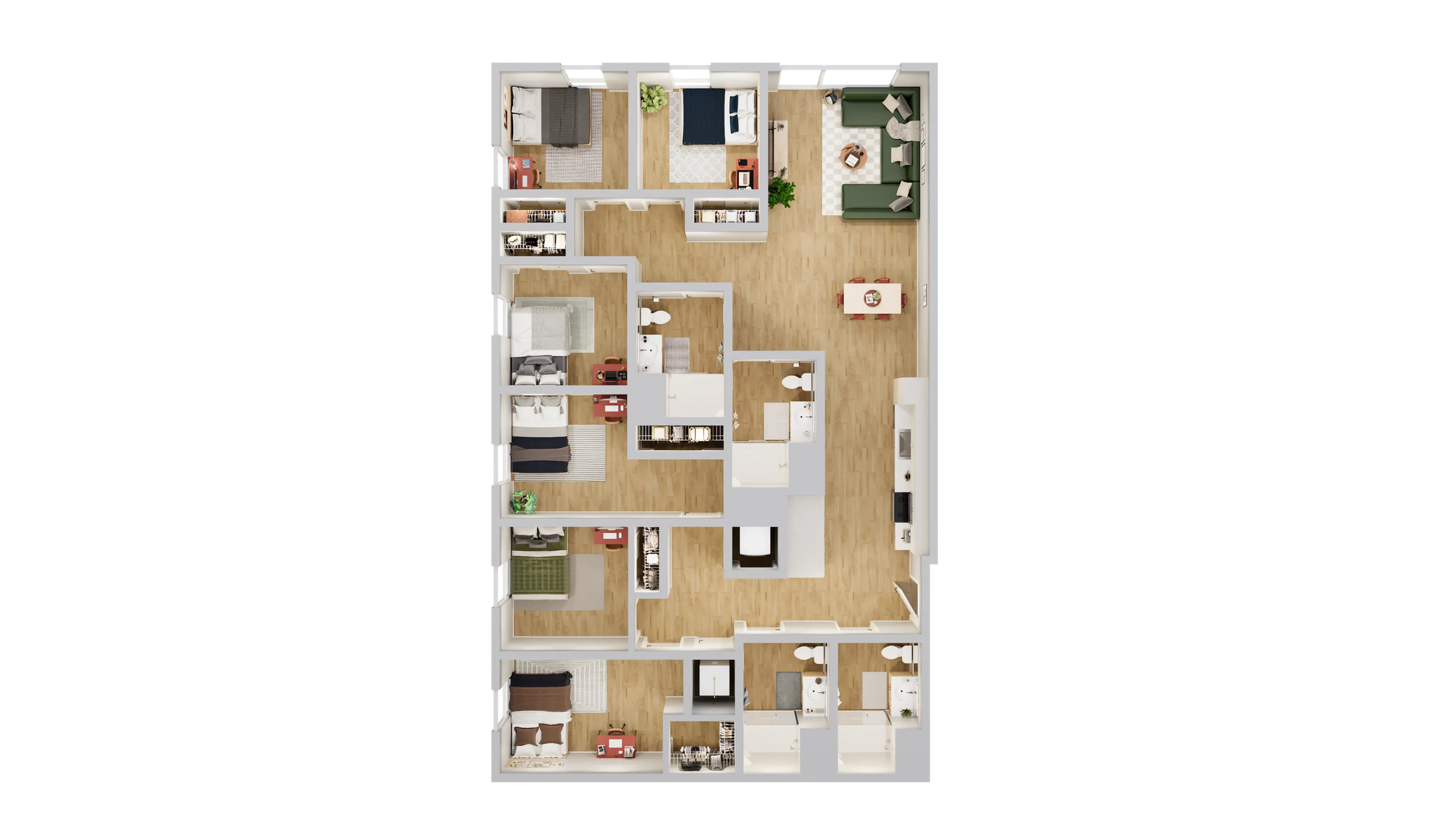 Modern floor plan showcasing 3 bedrooms, open living and dining area, and sleek kitchen with ample layout.