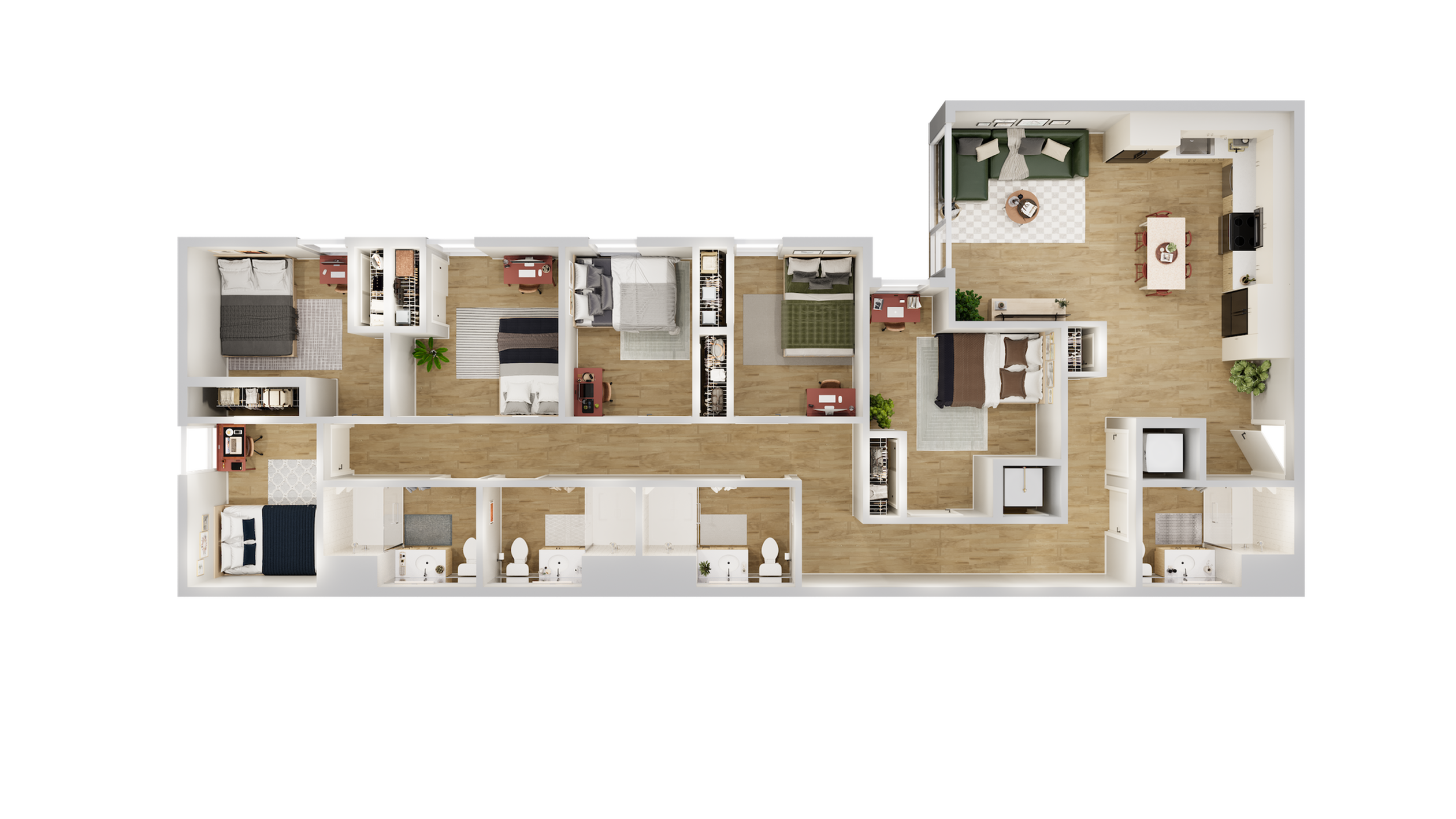 Elegant floor plan showcasing 4 bedrooms, spacious kitchen, and modern living area with wooden flooring.