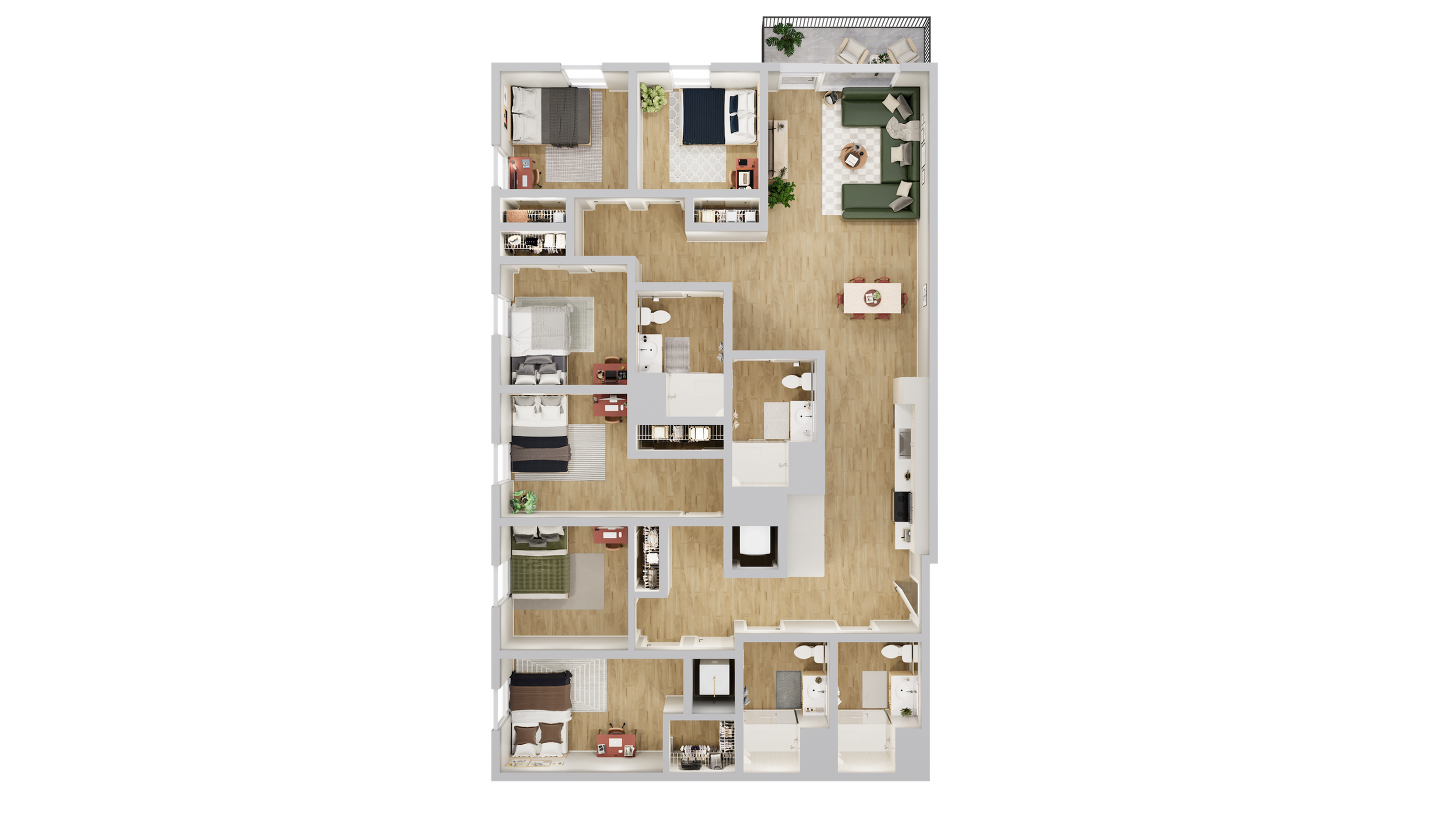 Elegant floor plan showcasing 4 spacious bedrooms, a large open-concept living and dining area, and a modern kitchen with a sleek design. Includes two bathrooms and a charming balcony, perfect for comfortable living.